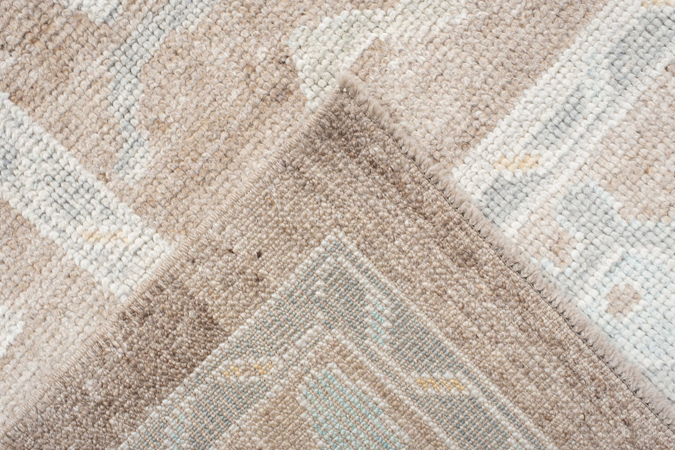 10' x 14' one-of-a-kind handmade vintage large size rug. Color palette: taupe, ivory, pale aqua, cream, soft gold, beige