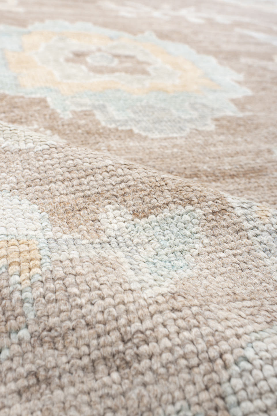 10' x 14' one-of-a-kind handmade vintage large size rug. Color palette: taupe, ivory, pale aqua, cream, soft gold, beige
