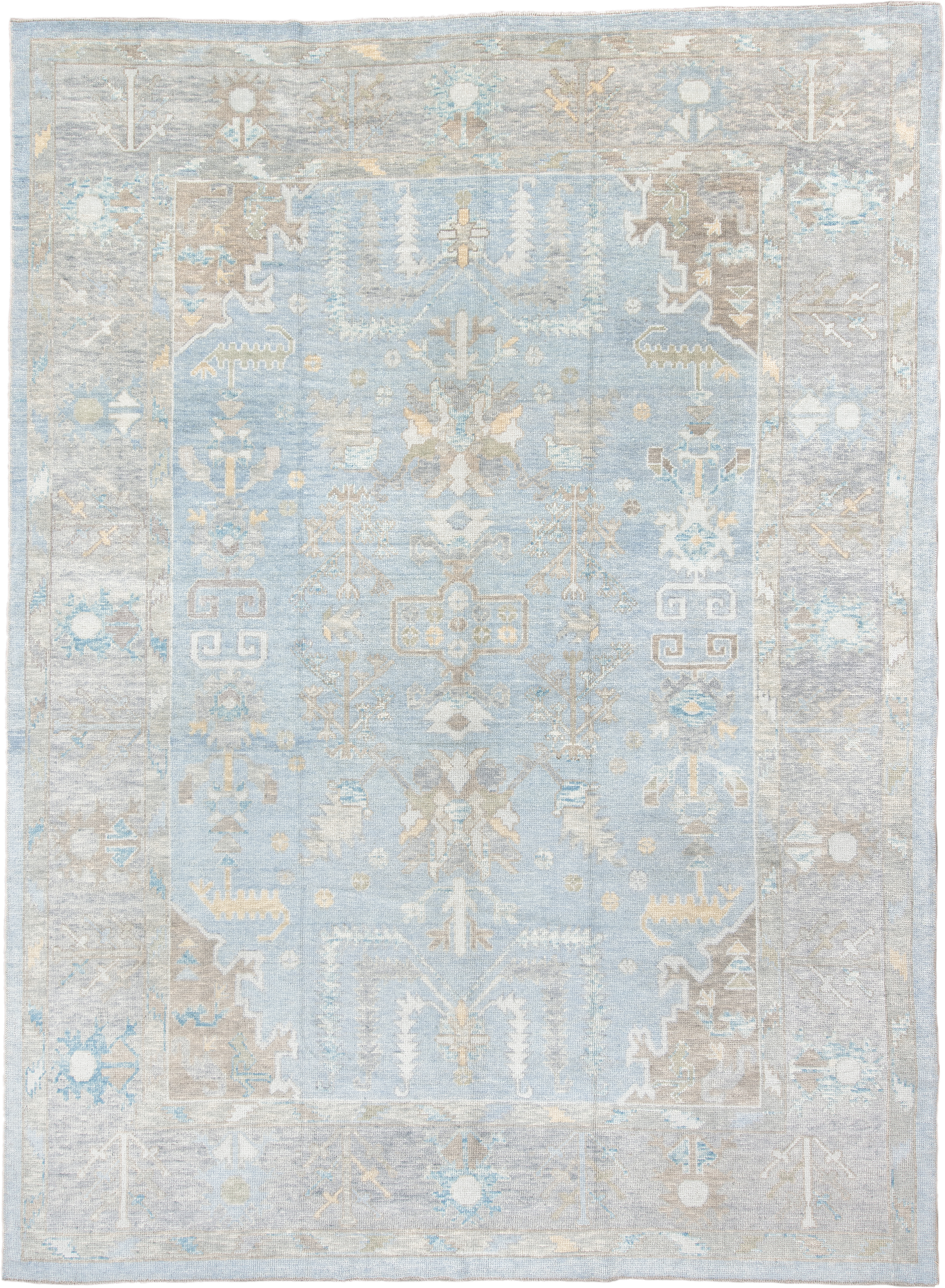 10' x 14' one-of-a-kind handmade vintage Oushak large size rug. Color palette: pale blue, ivory, taupe, light gold, cream