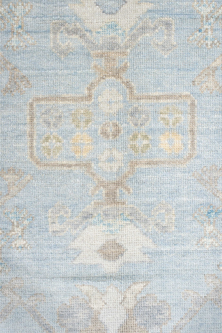 10' x 14' one-of-a-kind handmade vintage Oushak large size rug. Color palette: pale blue, ivory, taupe, light gold, cream