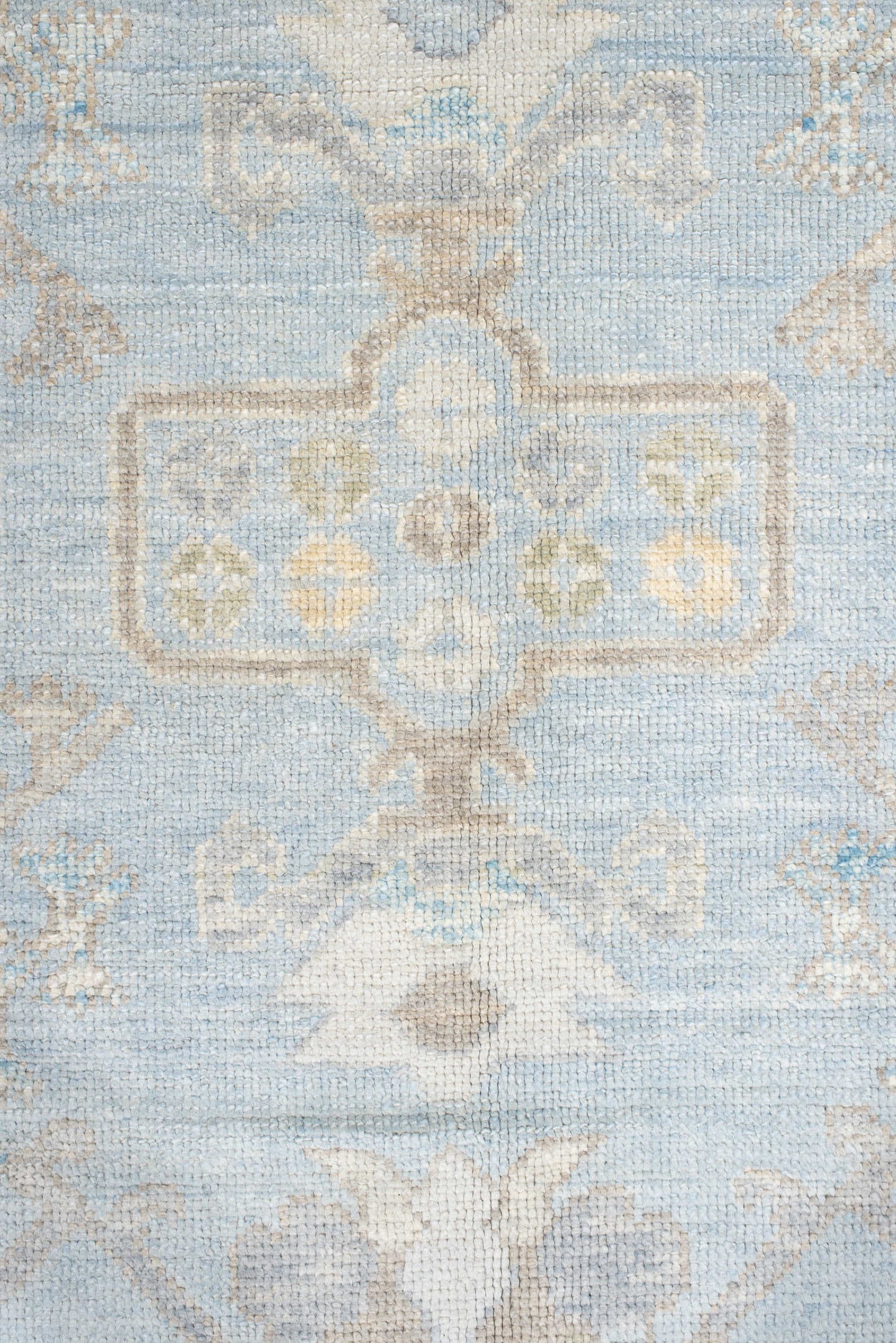 10' x 14' one-of-a-kind handmade vintage Oushak large size rug. Color palette: pale blue, ivory, taupe, light gold, cream