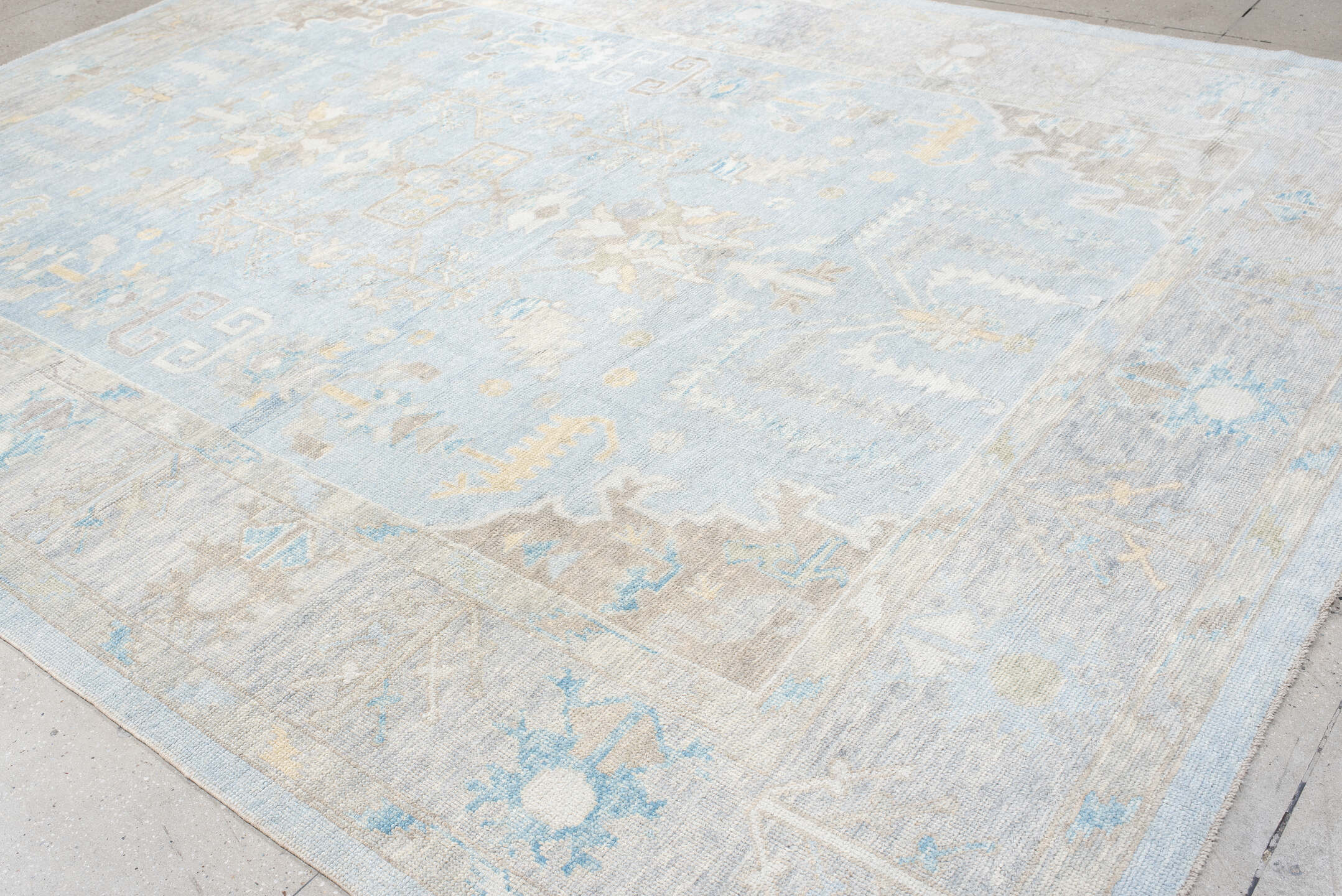 10' x 14' one-of-a-kind handmade vintage Oushak large size rug. Color palette: pale blue, ivory, taupe, light gold, cream