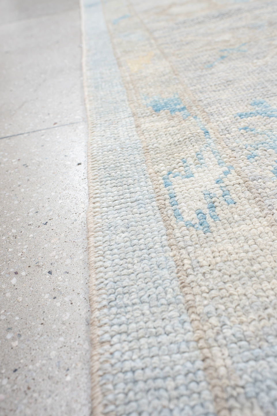 10' x 14' one-of-a-kind handmade vintage Oushak large size rug. Color palette: pale blue, ivory, taupe, light gold, cream