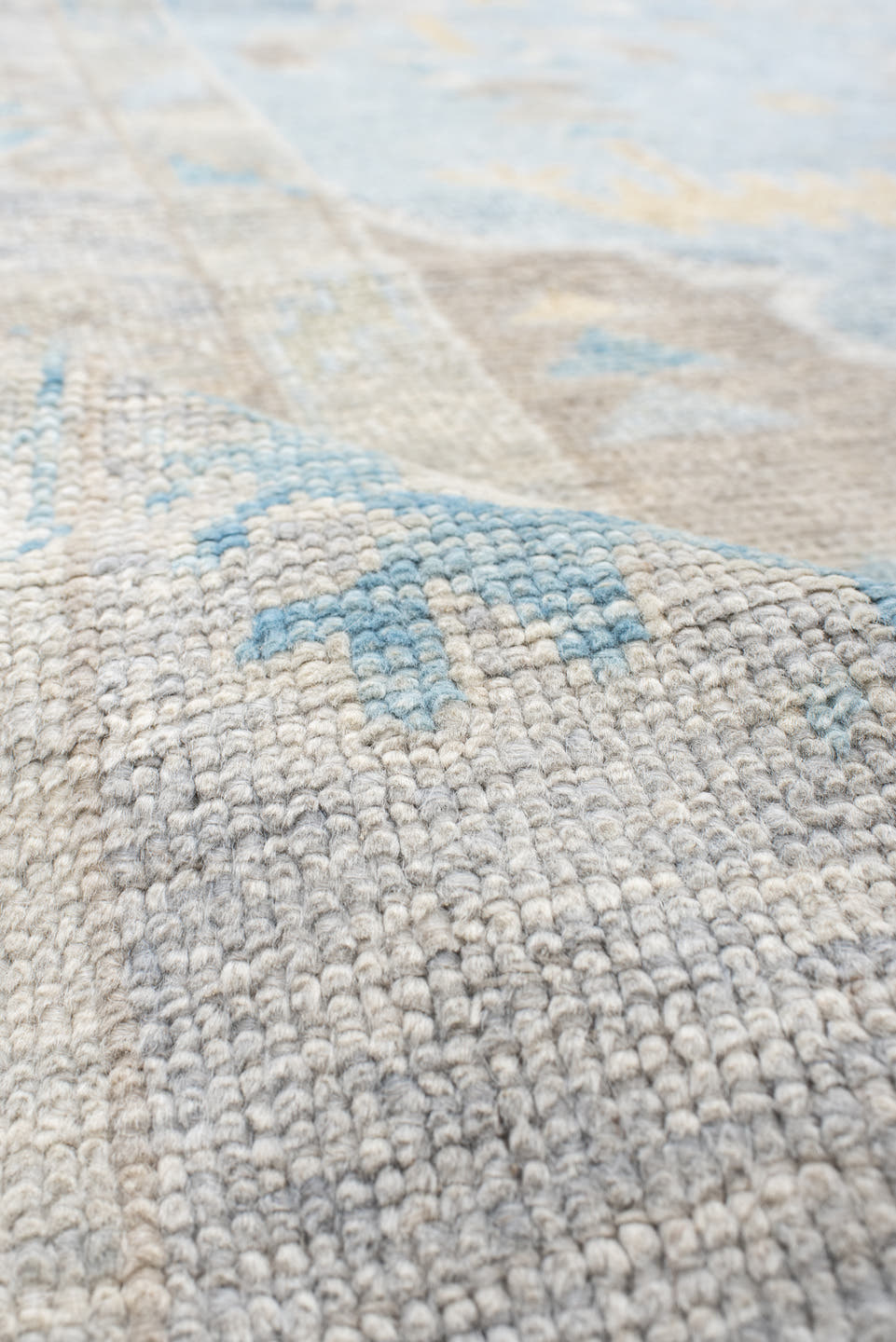 10' x 14' one-of-a-kind handmade vintage Oushak large size rug. Color palette: pale blue, ivory, taupe, light gold, cream