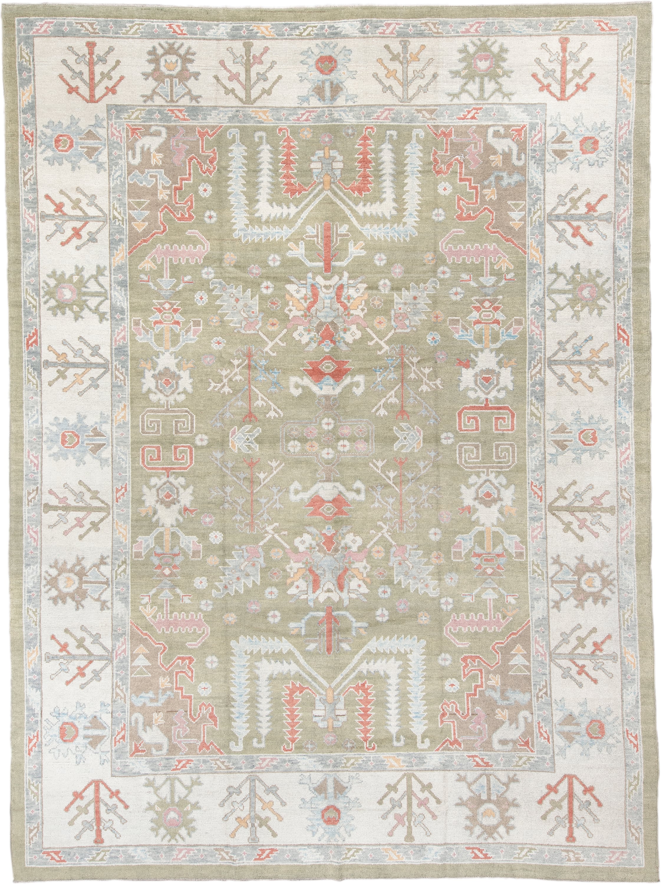 10' x 13' one-of-a-kind handmade vintage Oushak large size rug. Color palette: sage, ivory, pale blue, taupe, coral, cream