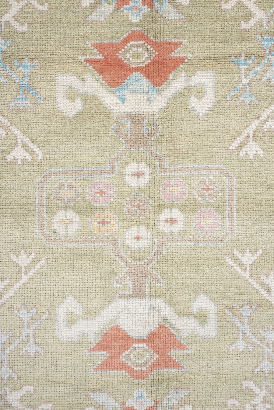 10' x 13' one-of-a-kind handmade vintage Oushak large size rug. Color palette: sage, ivory, pale blue, taupe, coral, cream