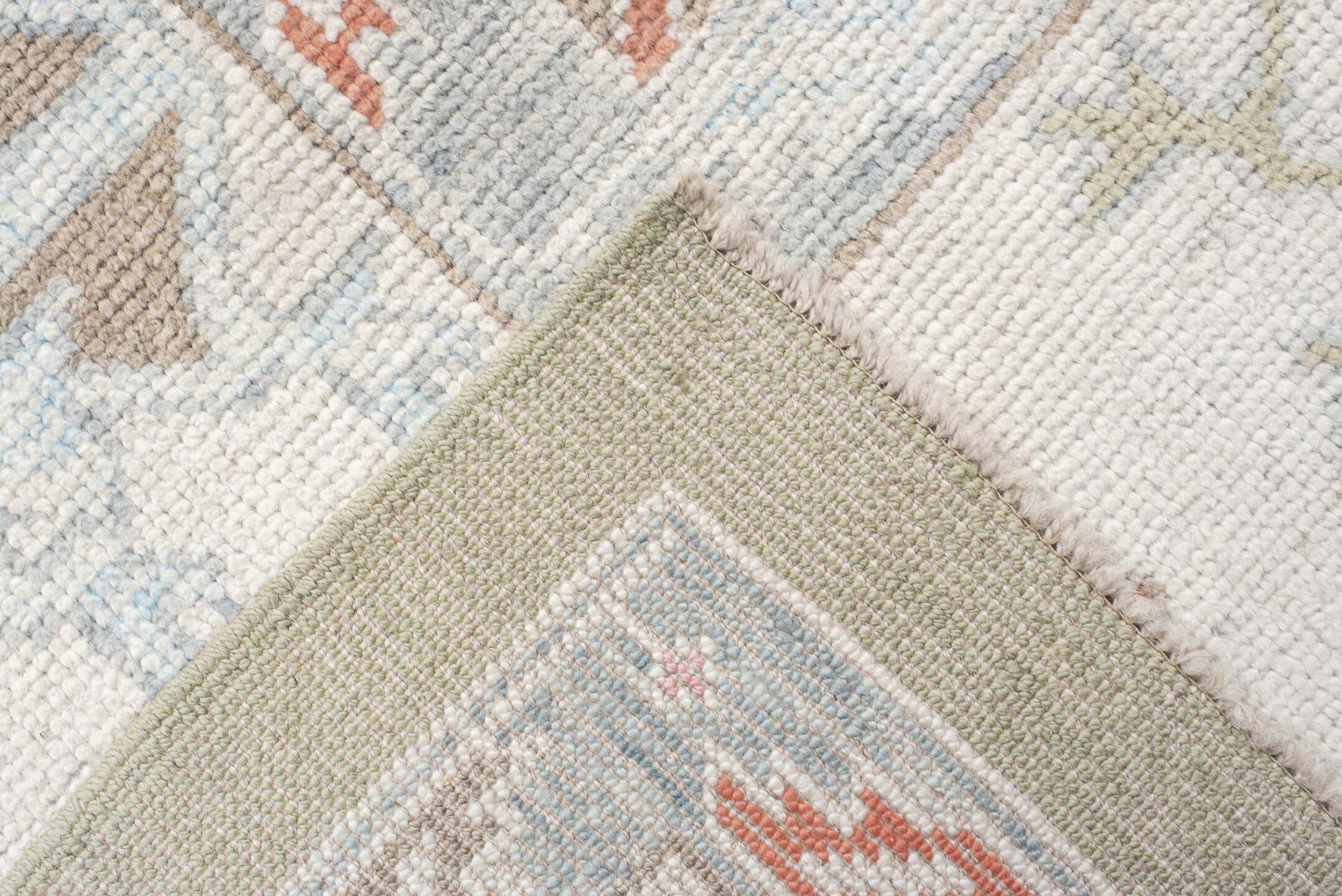 10' x 13' one-of-a-kind handmade vintage Oushak large size rug. Color palette: sage, ivory, pale blue, taupe, coral, cream