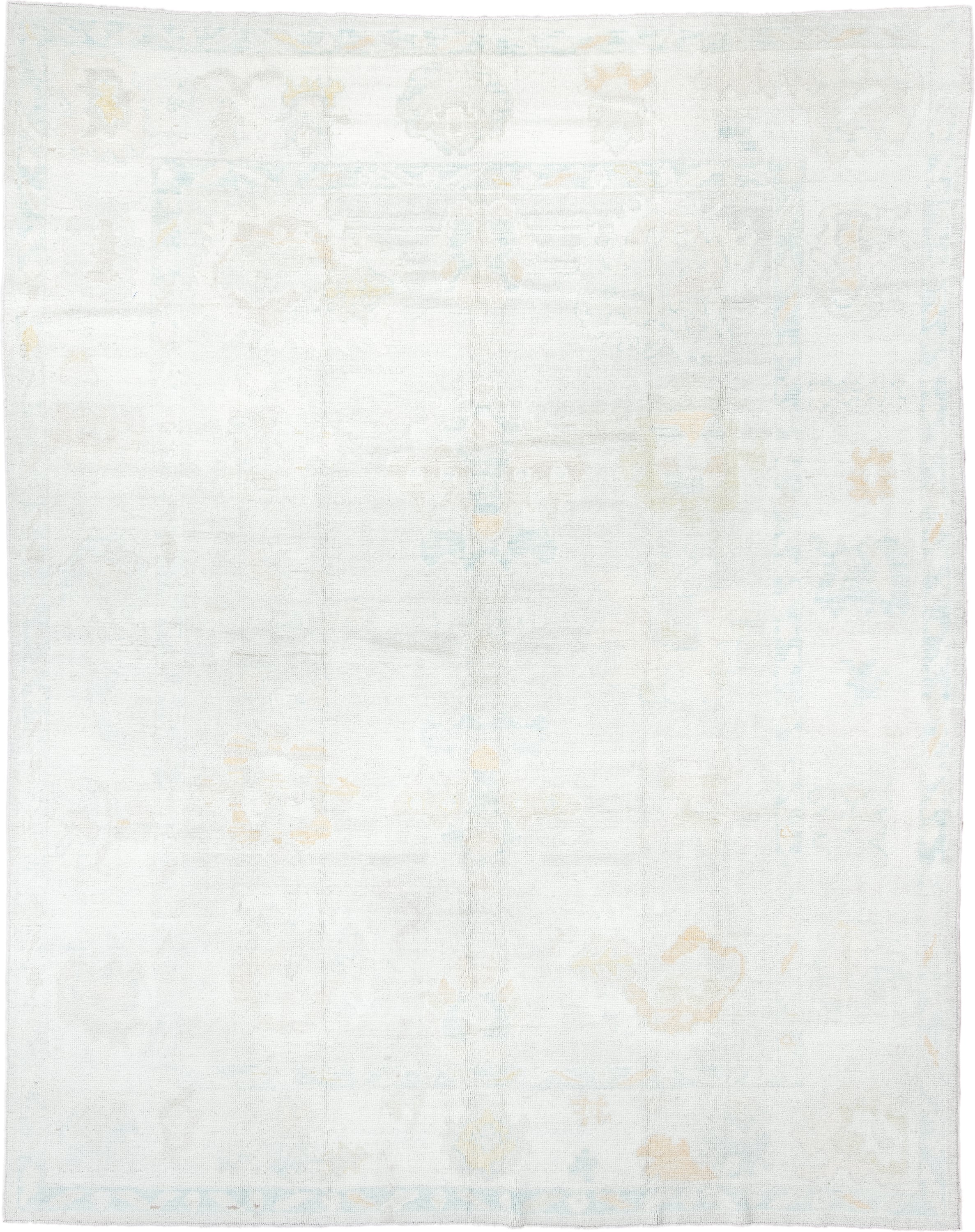 8' x 11' one-of-a-kind handmade vintage Oushak large size rug. Color palette: ivory, pale aqua, cream, soft gold, beige
