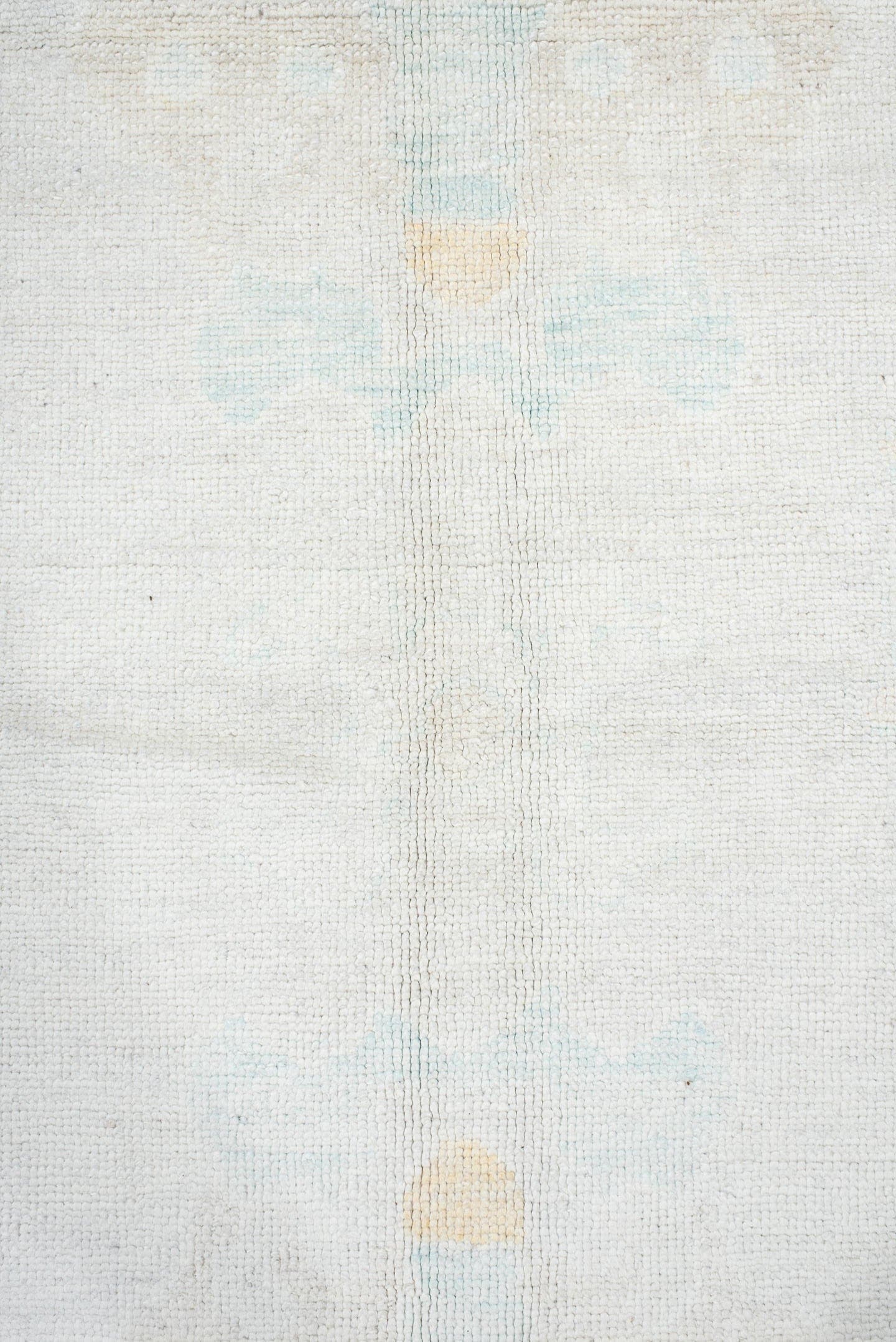 8' x 11' one-of-a-kind handmade vintage Oushak large size rug. Color palette: ivory, pale aqua, cream, soft gold, beige