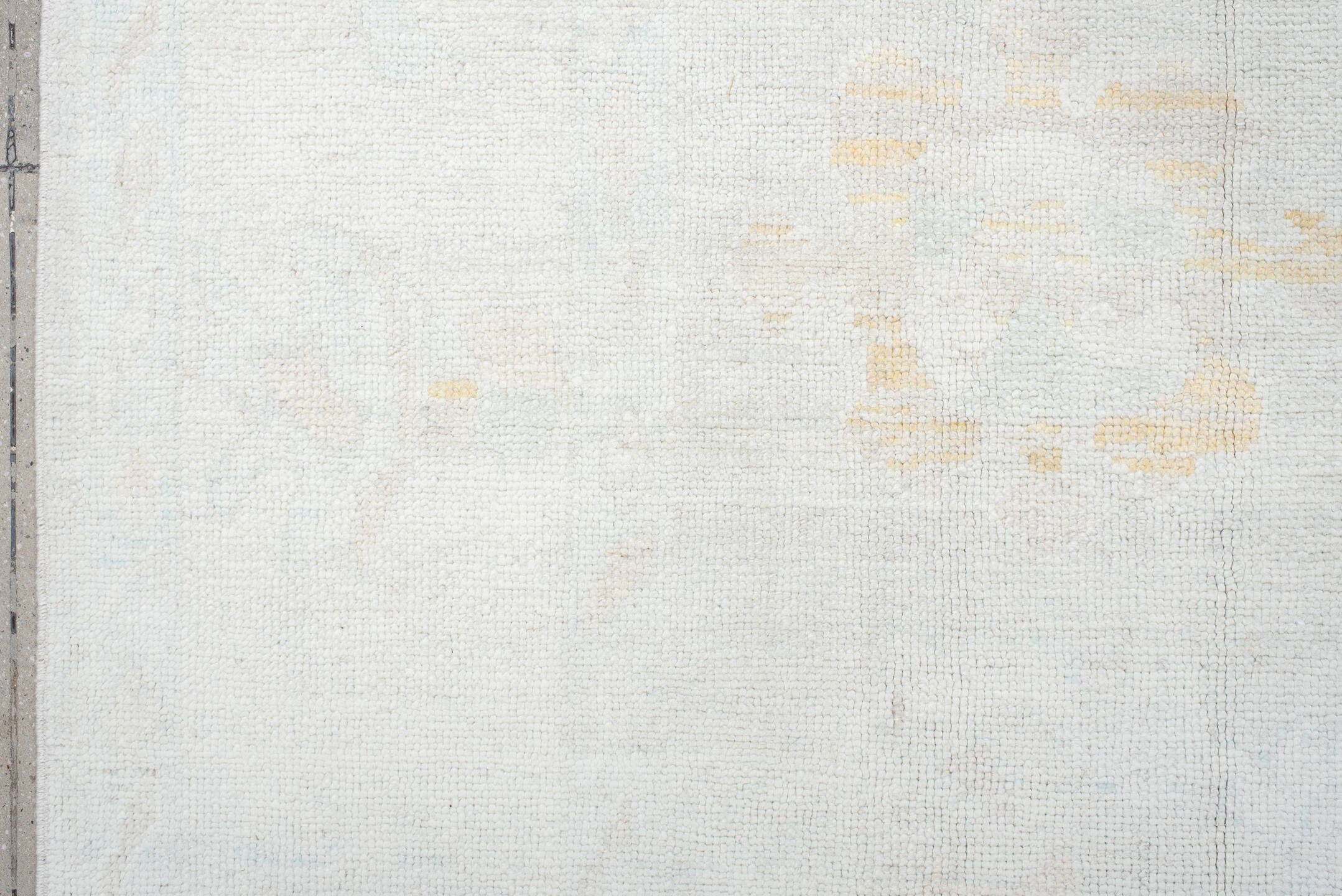 8' x 11' one-of-a-kind handmade vintage Oushak large size rug. Color palette: ivory, pale aqua, cream, soft gold, beige