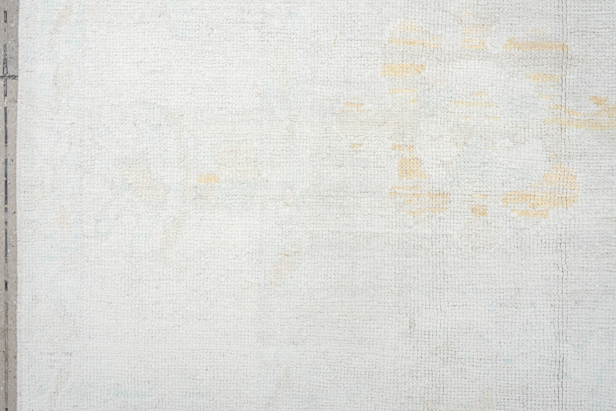 8' x 11' one-of-a-kind handmade vintage Oushak large size rug. Color palette: ivory, pale aqua, cream, soft gold, beige