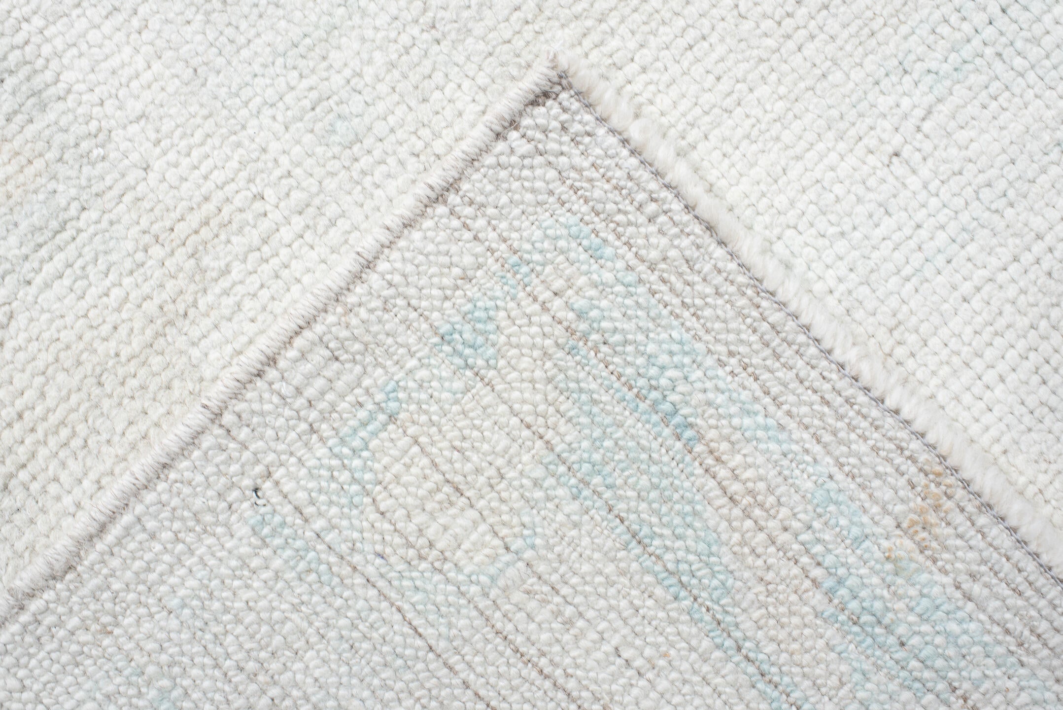 8' x 11' one-of-a-kind handmade vintage Oushak large size rug. Color palette: ivory, pale aqua, cream, soft gold, beige