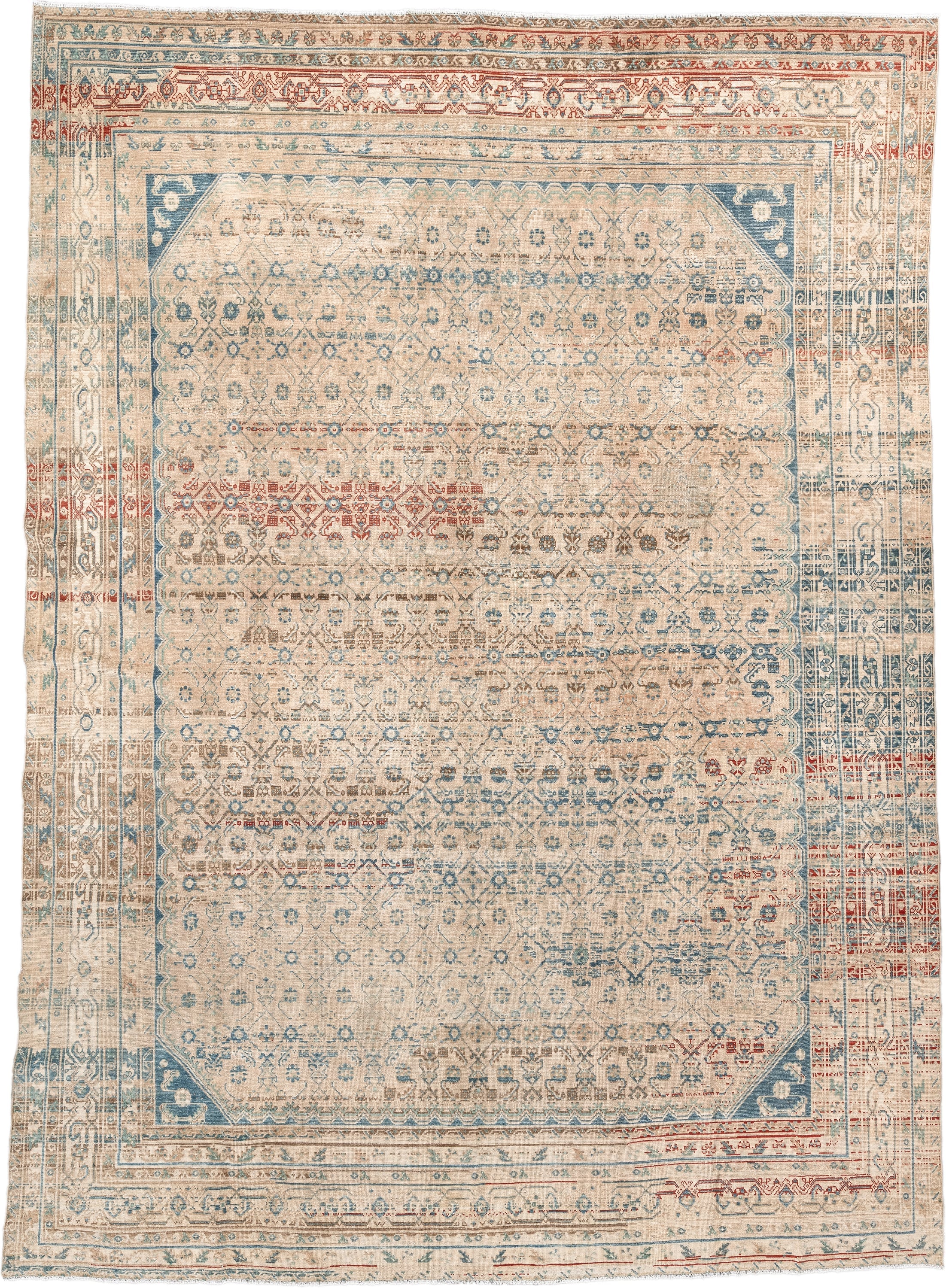 8' x 11' one-of-a-kind handmade vintage Malayer large size rug. Color palette: ivory, sky blue, taupe, rust, beige, slate