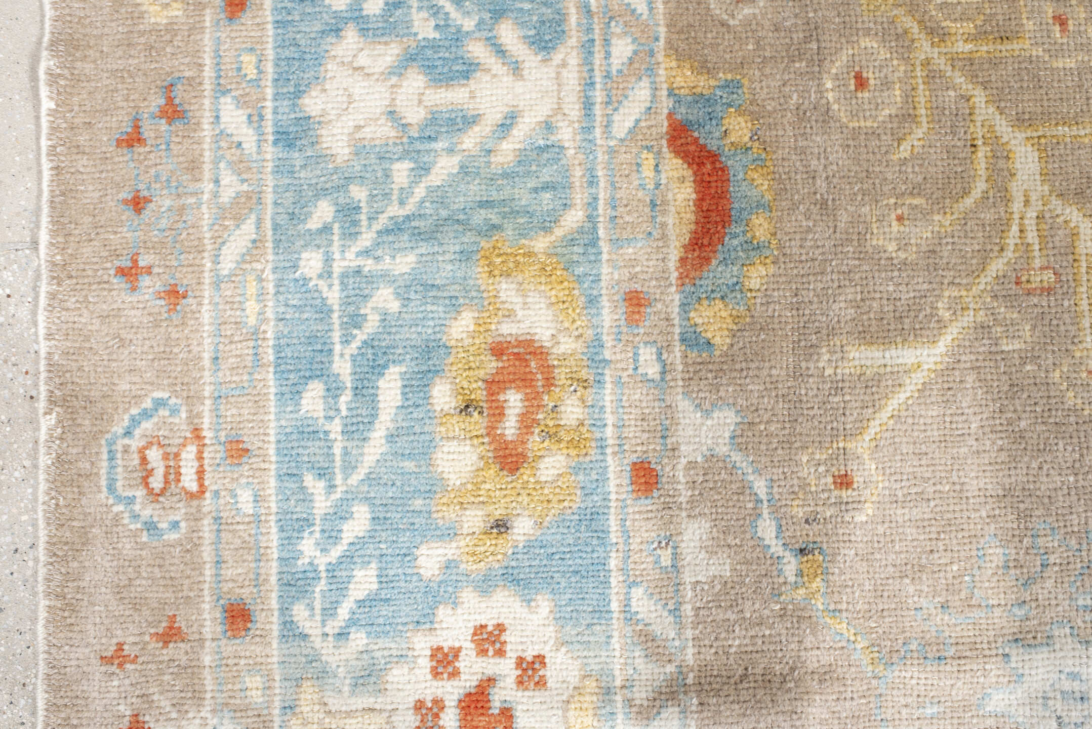 9' x 13' one-of-a-kind handmade vintage Oushak large size rug. Color palette: taupe, powder_blue, ivory, gold, coral, sage