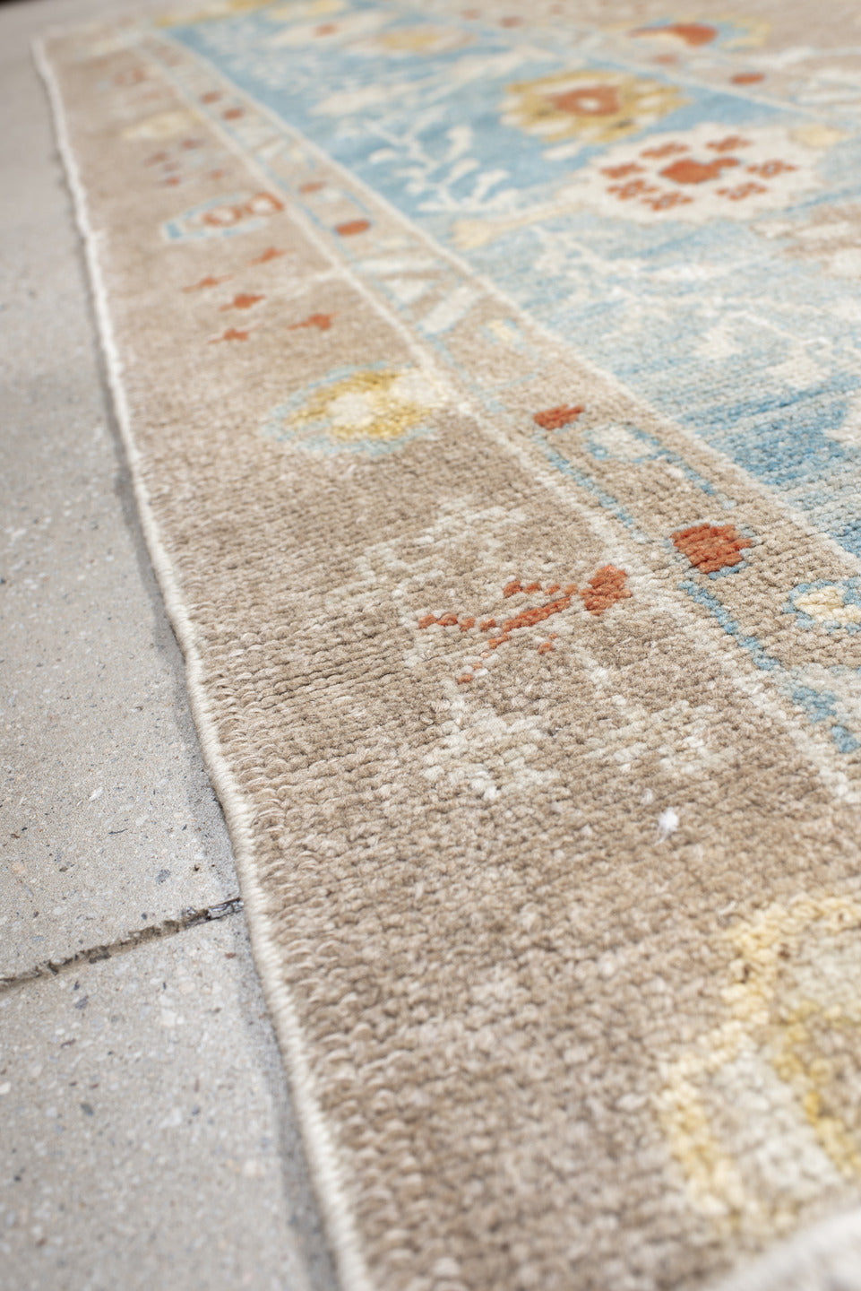 9' x 13' one-of-a-kind handmade vintage Oushak large size rug. Color palette: taupe, powder_blue, ivory, gold, coral, sage