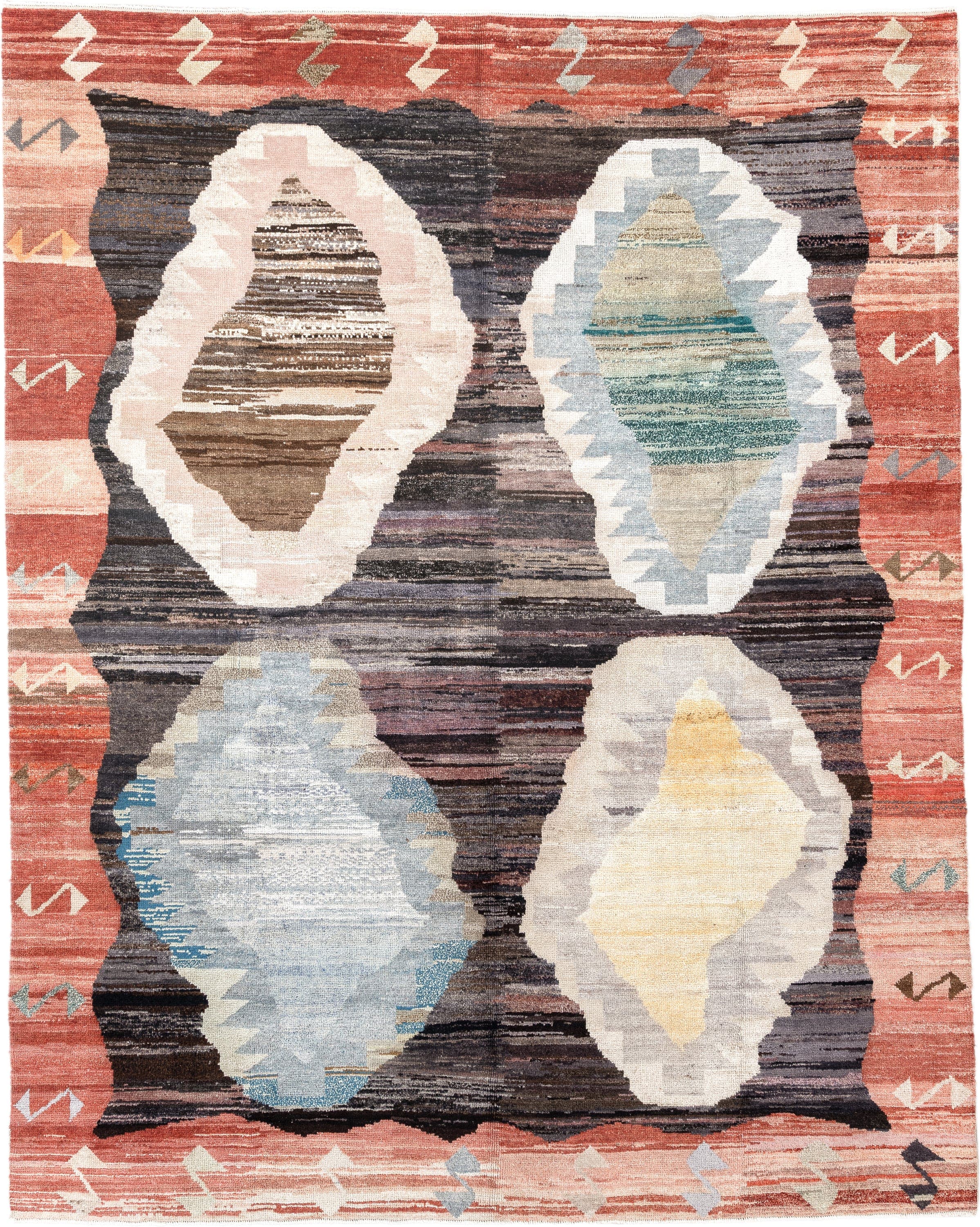 9' x 11' one-of-a-kind handmade vintage Kars large size rug. Color palette: terra cotta, charcoal, ivory, sky blue, taupe