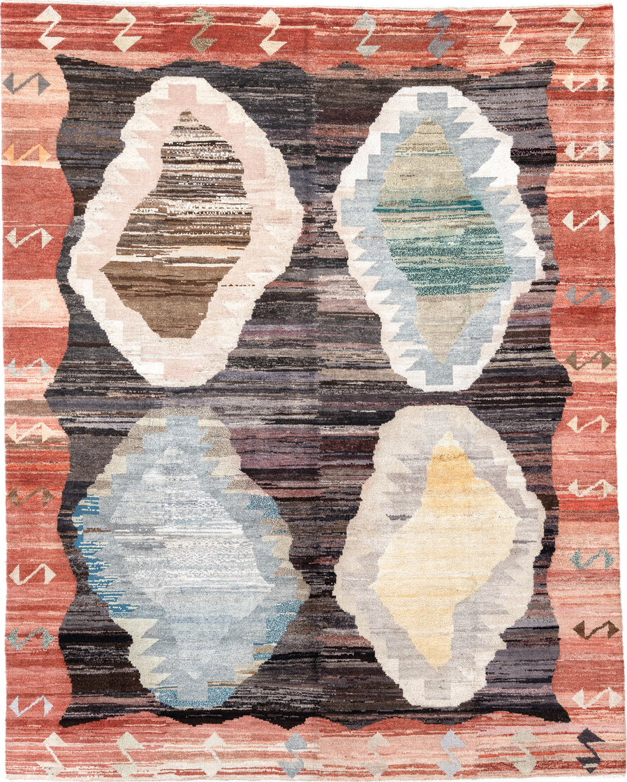 9' x 11' one-of-a-kind handmade vintage Kars large size rug. Color palette: black, blue, brown, dark gray, dim gray