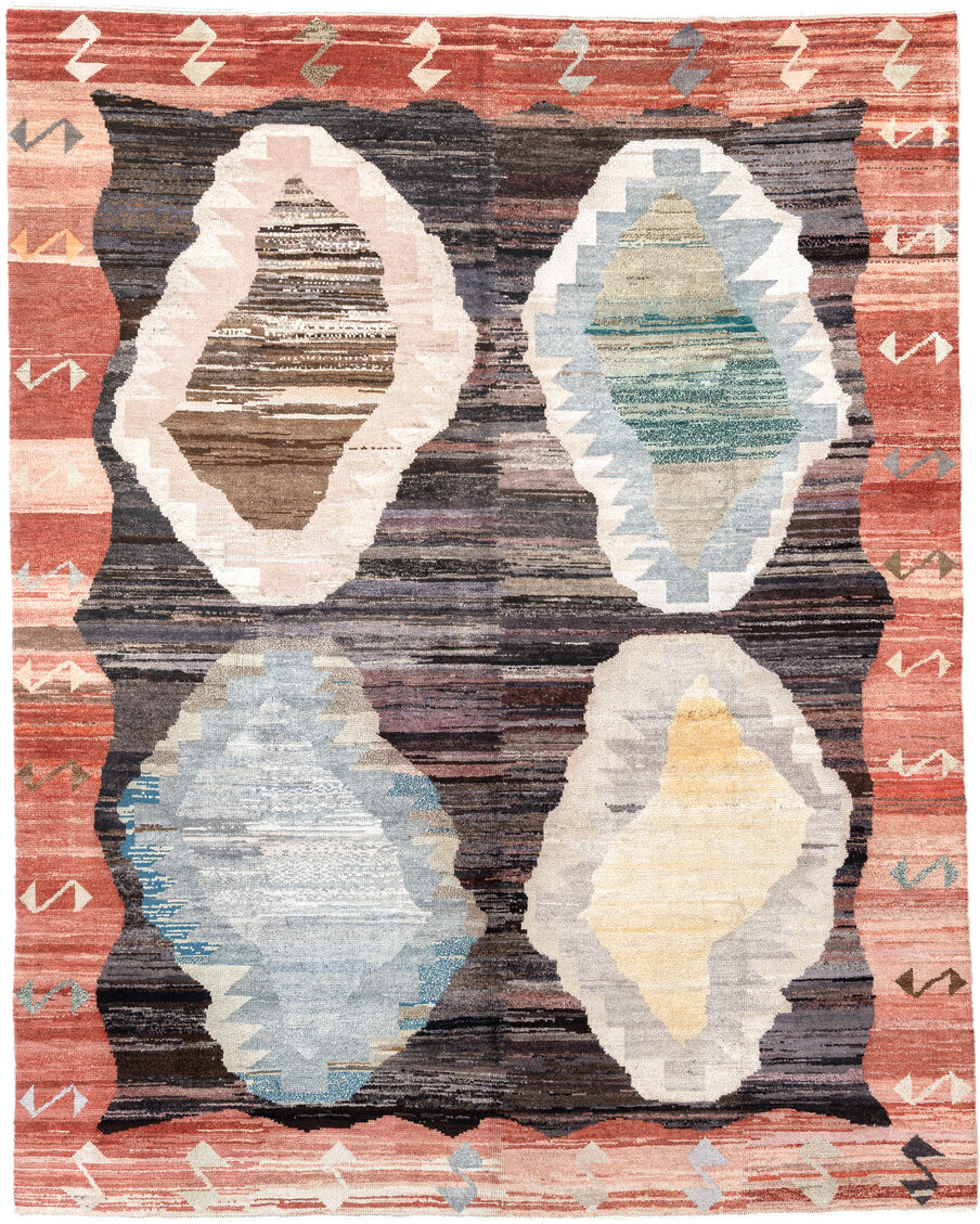 9' x 11' one-of-a-kind handmade vintage Kars large size rug. Color palette: terra cotta, charcoal, ivory, sky blue, taupe