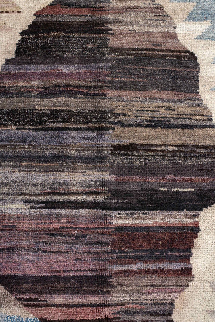 9' x 11' one-of-a-kind handmade vintage Kars large size rug. Color palette: terra cotta, charcoal, ivory, sky blue, taupe