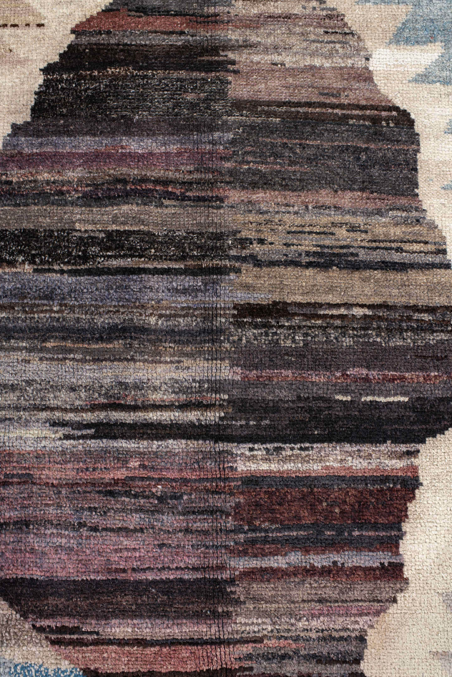 9' x 11' one-of-a-kind handmade vintage Kars large size rug. Color palette: terra cotta, charcoal, ivory, sky blue, taupe