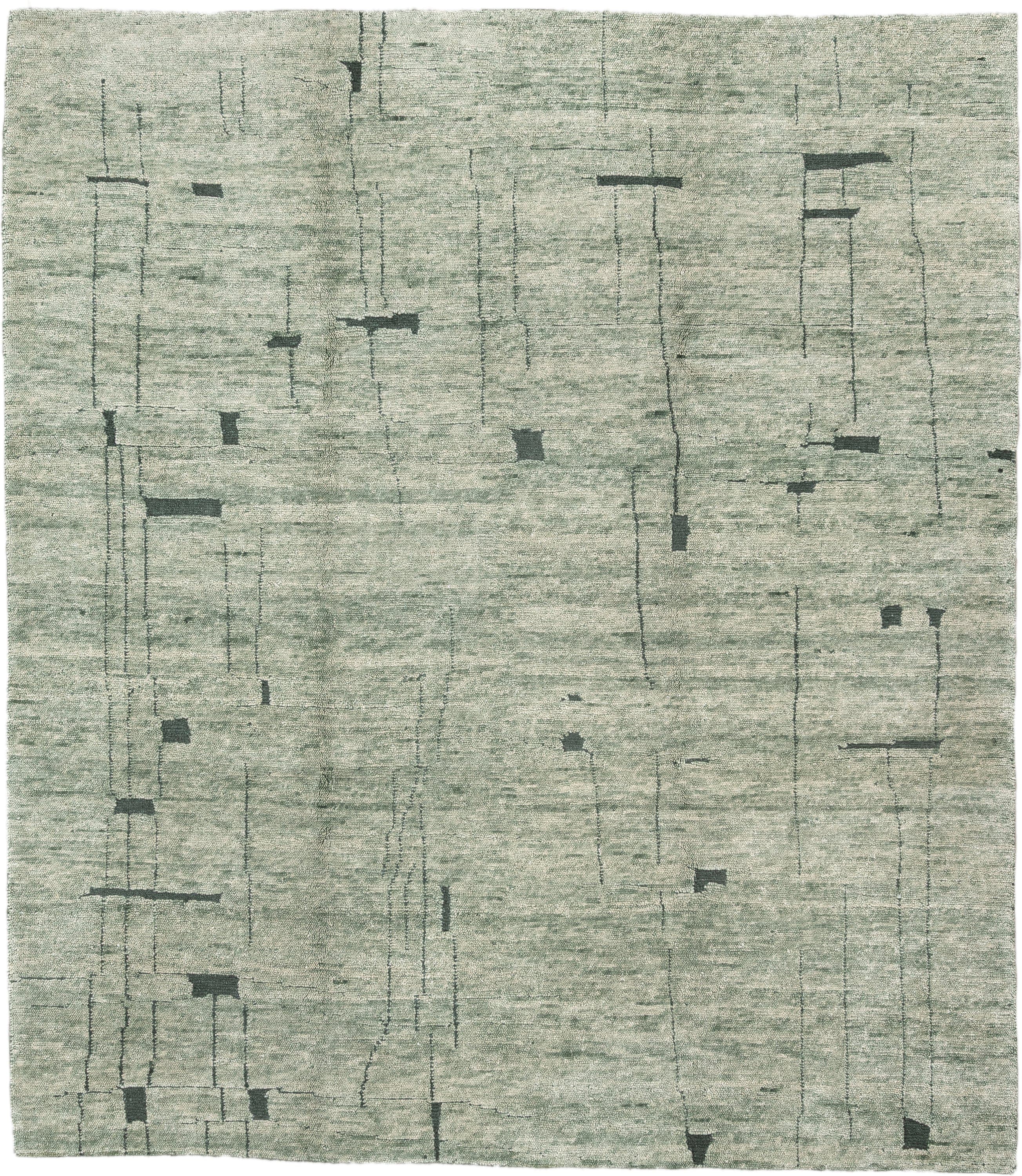 8' x 9' one-of-a-kind handmade vintage large size rug. Color palette: sage, ivory, charcoal, taupe, olive, green, black