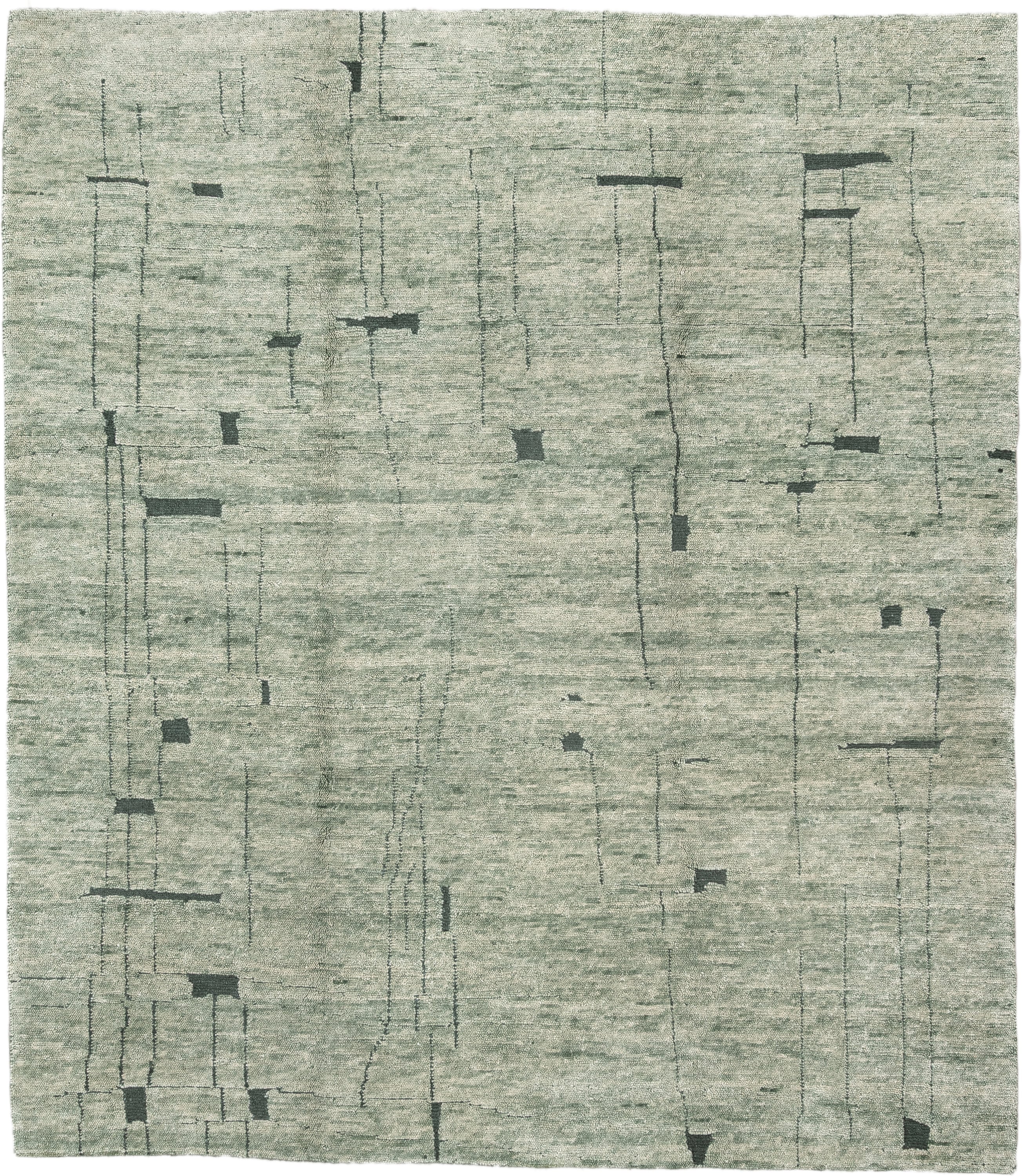 8' x 9' one-of-a-kind handmade vintage large size rug. Color palette: sage, ivory, charcoal, taupe, olive, green, black