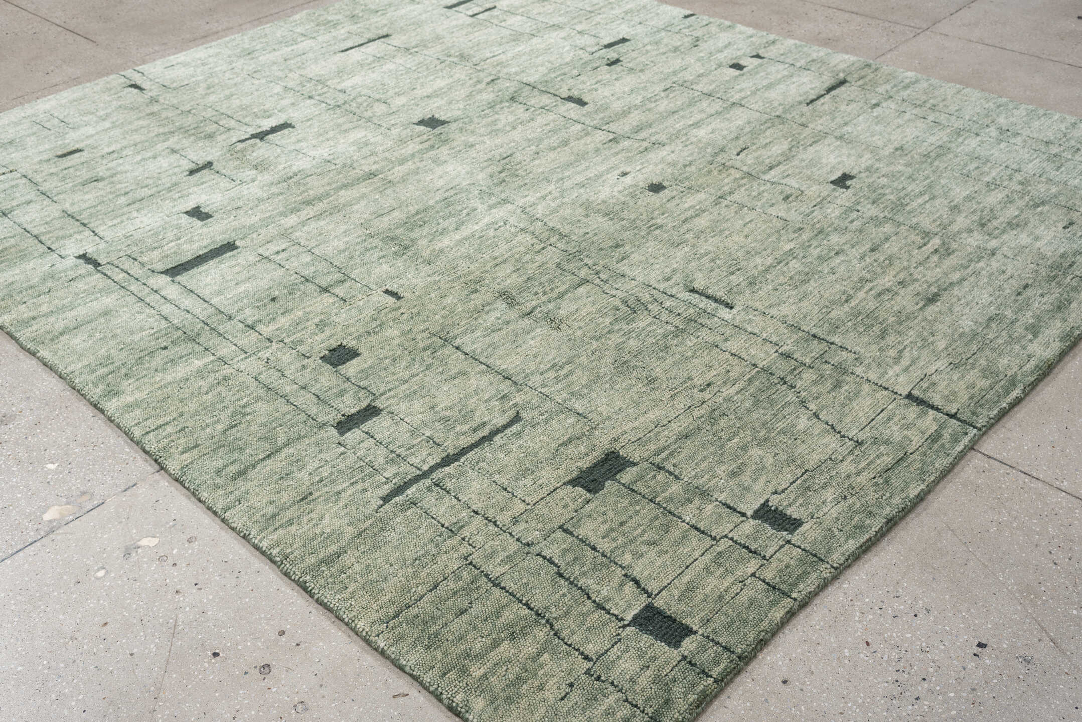 8' x 9' one-of-a-kind handmade vintage large size rug. Color palette: sage, ivory, charcoal, taupe, olive, green, black