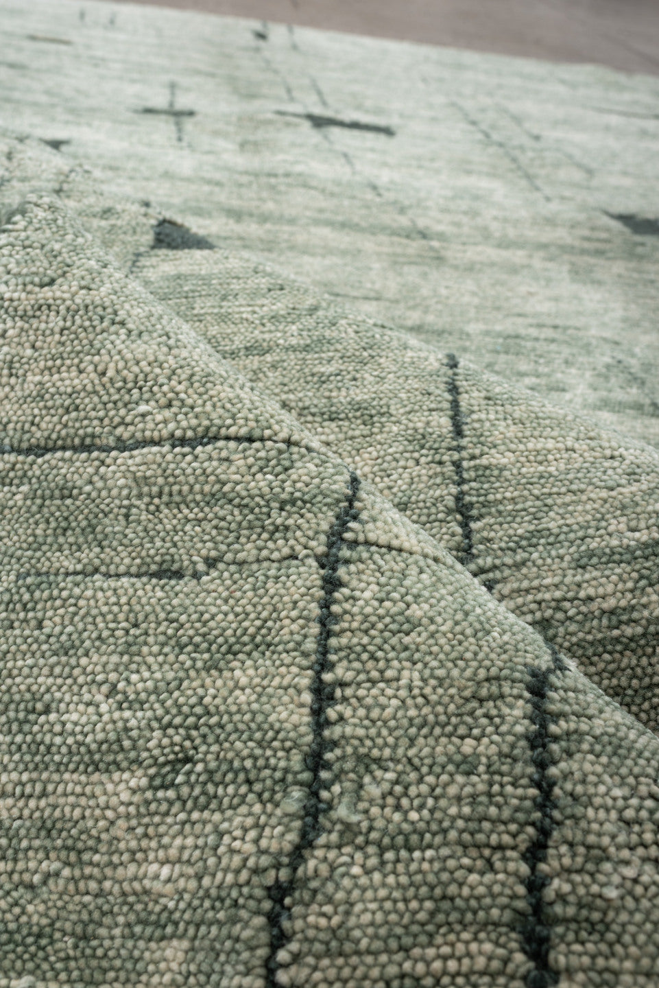 8' x 9' one-of-a-kind handmade vintage large size rug. Color palette: sage, ivory, charcoal, taupe, olive, green, black