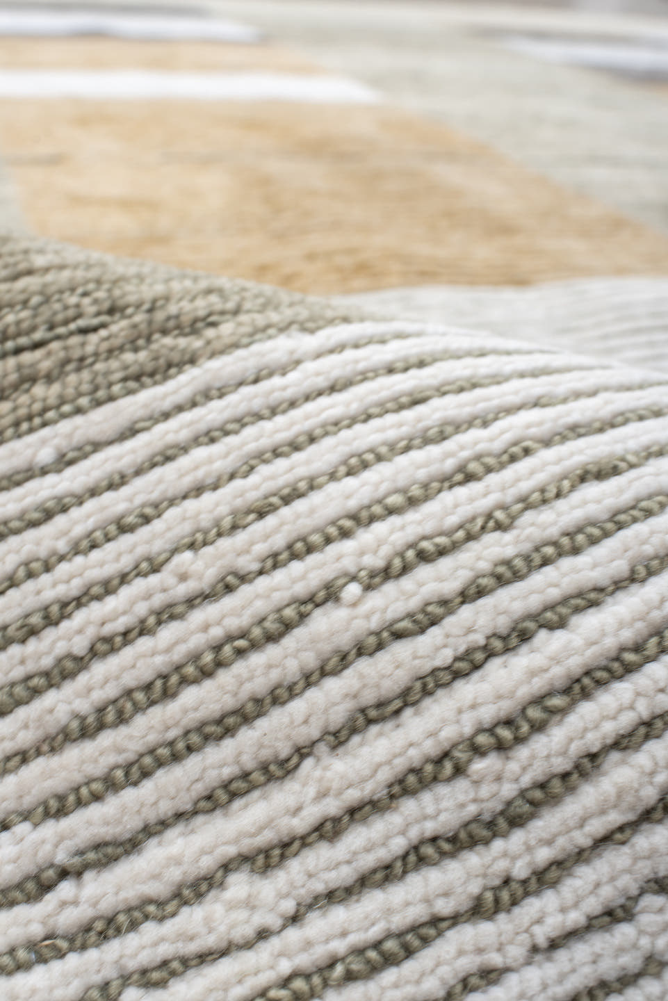 8' x 9' one-of-a-kind handmade vintage Tribeca rug. Color palette: taupe, ivory, camel, charcoal, gray, ochre, beige, black
