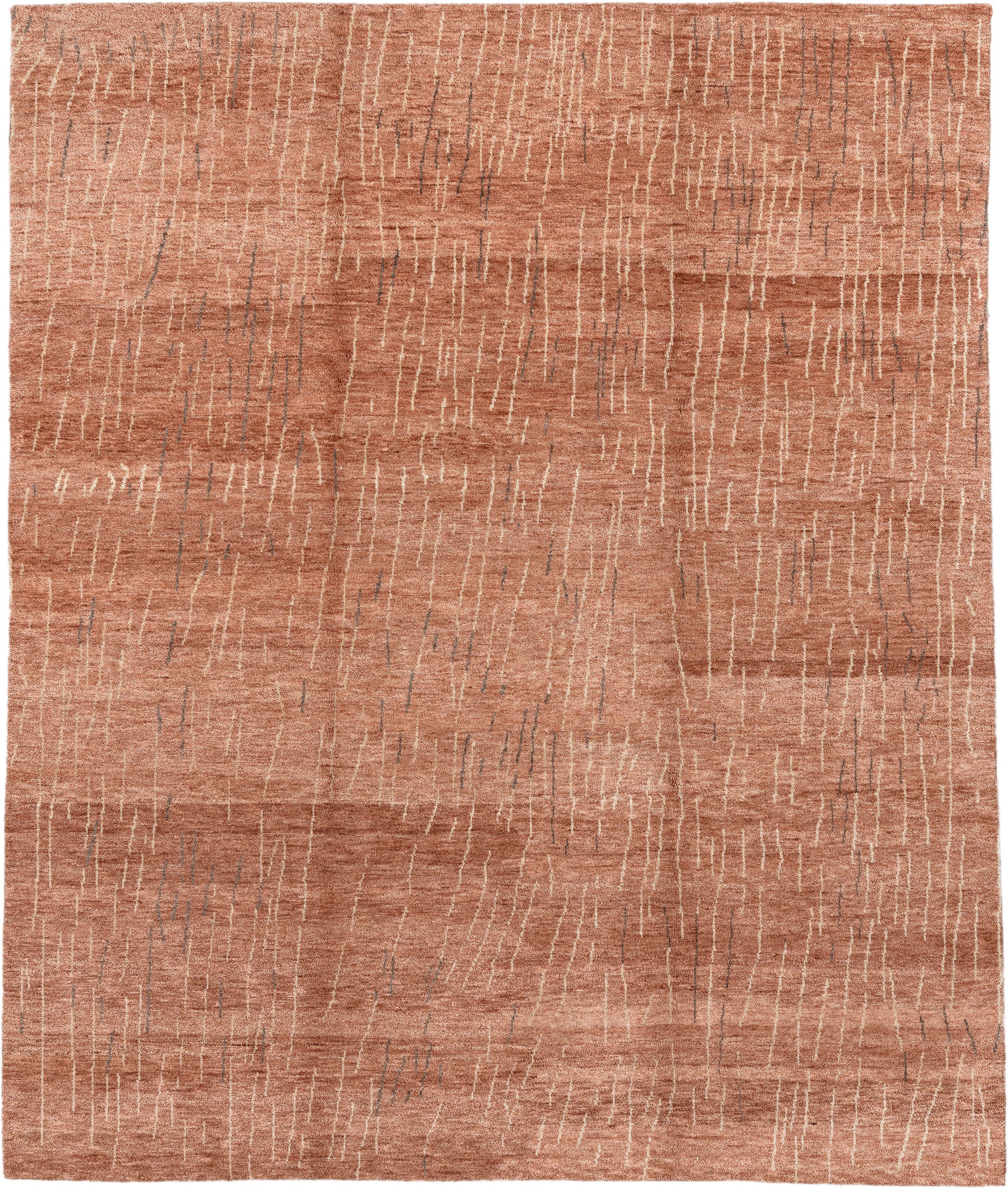 8' x 9' one-of-a-kind handmade vintage Tribeca rug. Color palette: terra cotta, rose, ivory, charcoal, terracotta, brown