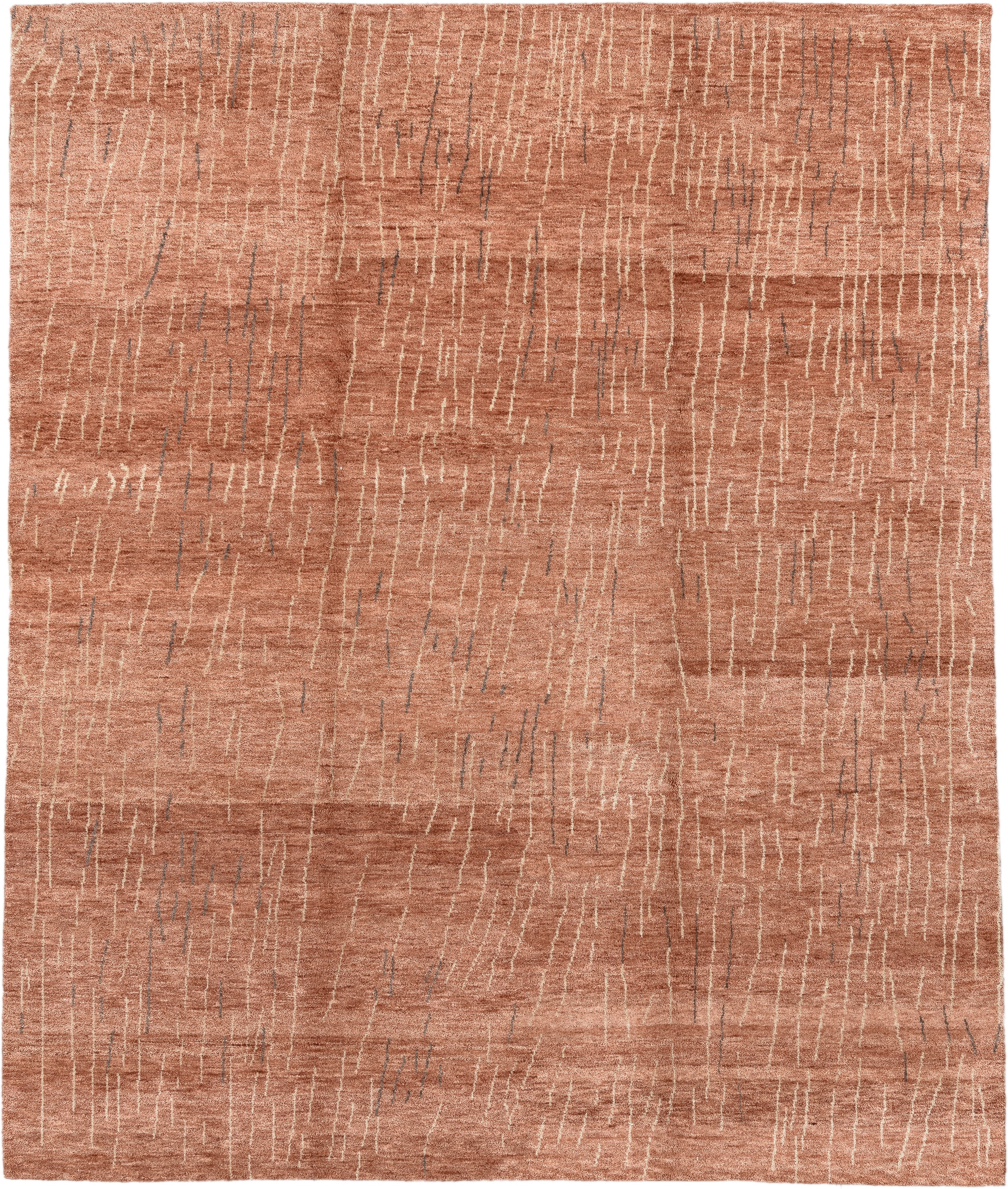 8' x 9' one-of-a-kind handmade vintage Tribeca rug. Color palette: terra cotta, rose, ivory, charcoal, terracotta, brown