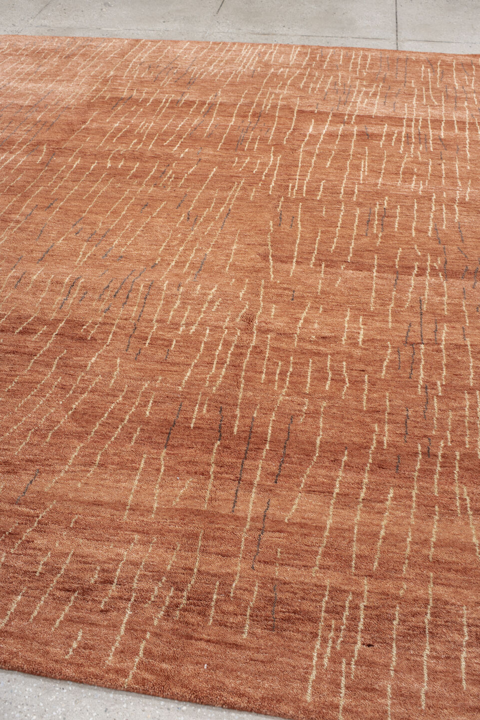 8' x 9' one-of-a-kind handmade vintage Tribeca rug. Color palette: terra cotta, rose, ivory, charcoal, terracotta, brown