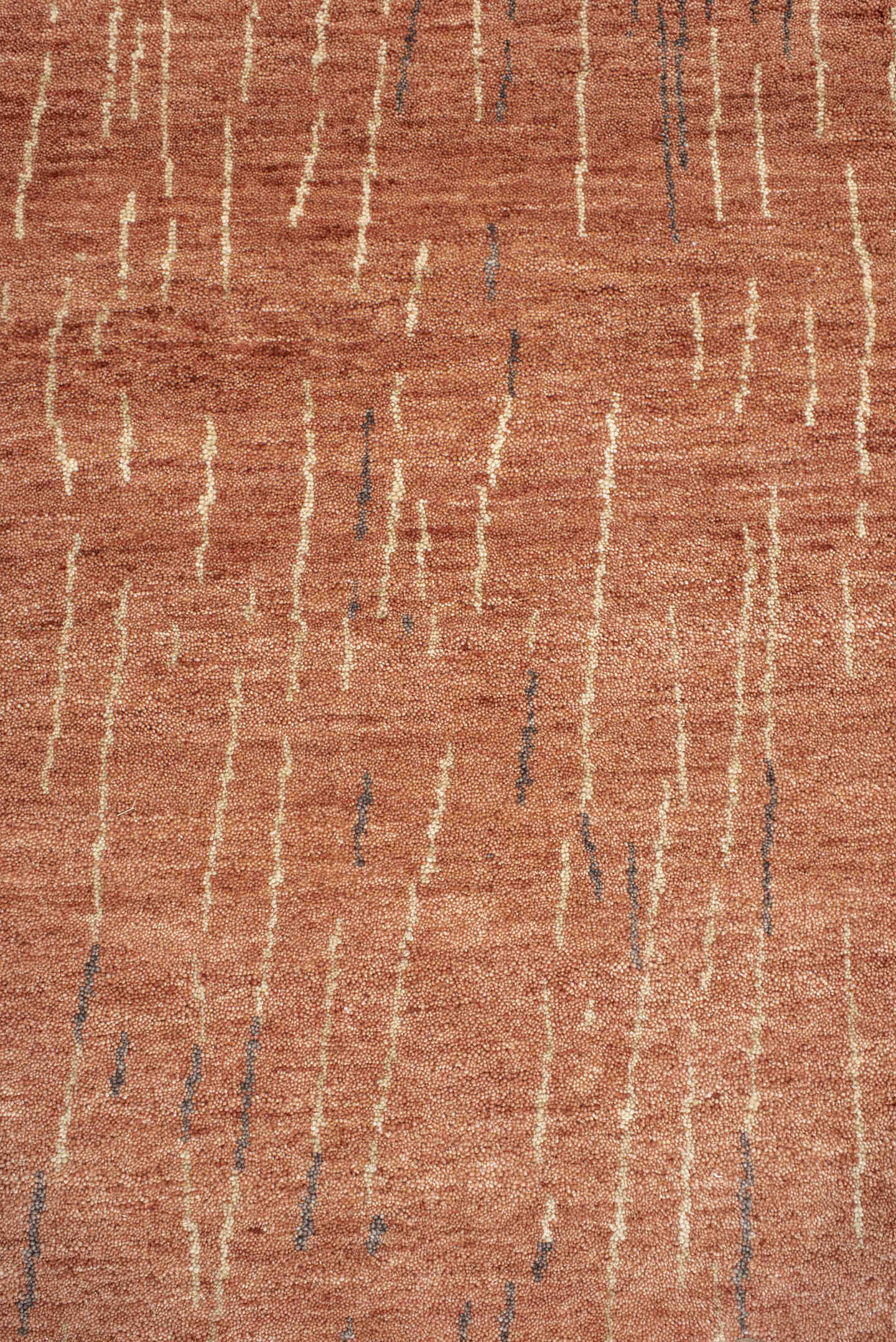 8' x 9' one-of-a-kind handmade vintage Tribeca rug. Color palette: terra cotta, rose, ivory, charcoal, terracotta, brown