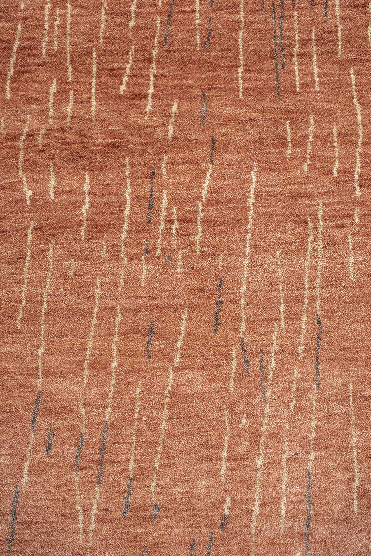 8' x 9' one-of-a-kind handmade vintage Tribeca rug. Color palette: terra cotta, rose, ivory, charcoal, terracotta, brown