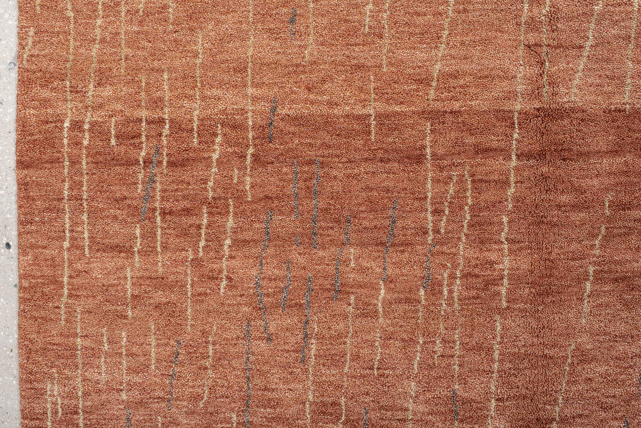 8' x 9' one-of-a-kind handmade vintage Tribeca rug. Color palette: terra cotta, rose, ivory, charcoal, terracotta, brown