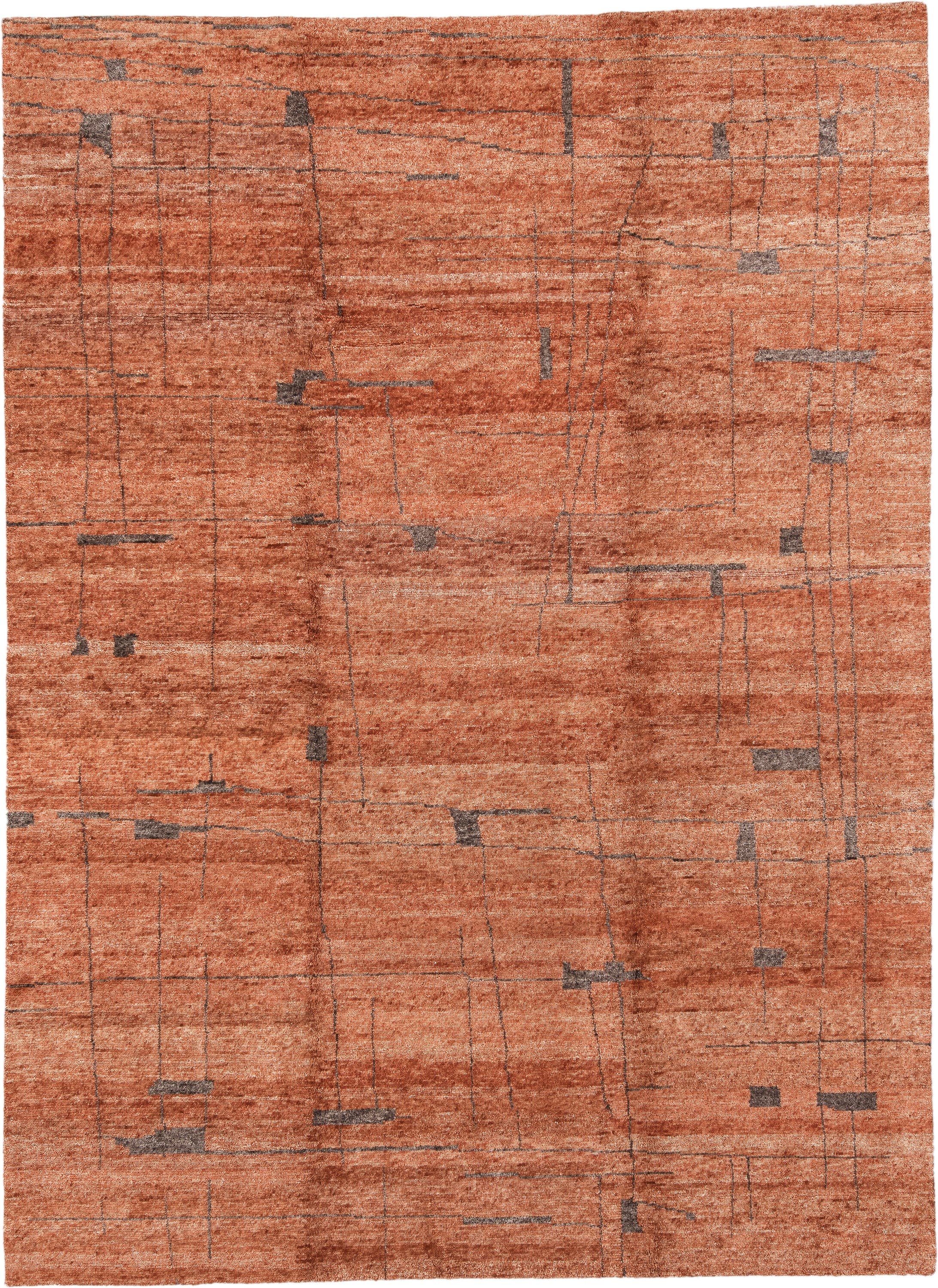 9' x 12' one-of-a-kind handmade vintage Tribeca large size rug. Color palette: terra cotta, rust, charcoal, copper