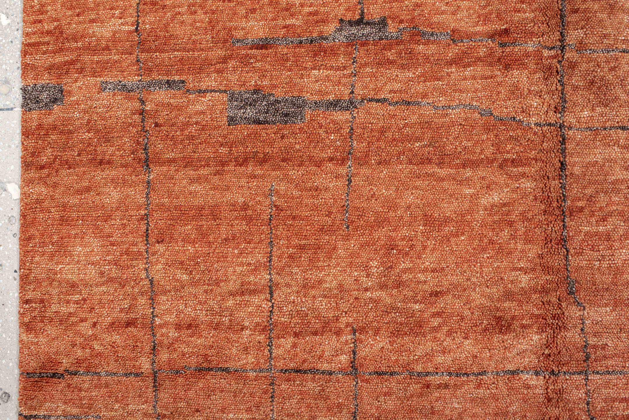 9' x 12' one-of-a-kind handmade vintage Tribeca large size rug. Color palette: terra cotta, rust, charcoal, copper