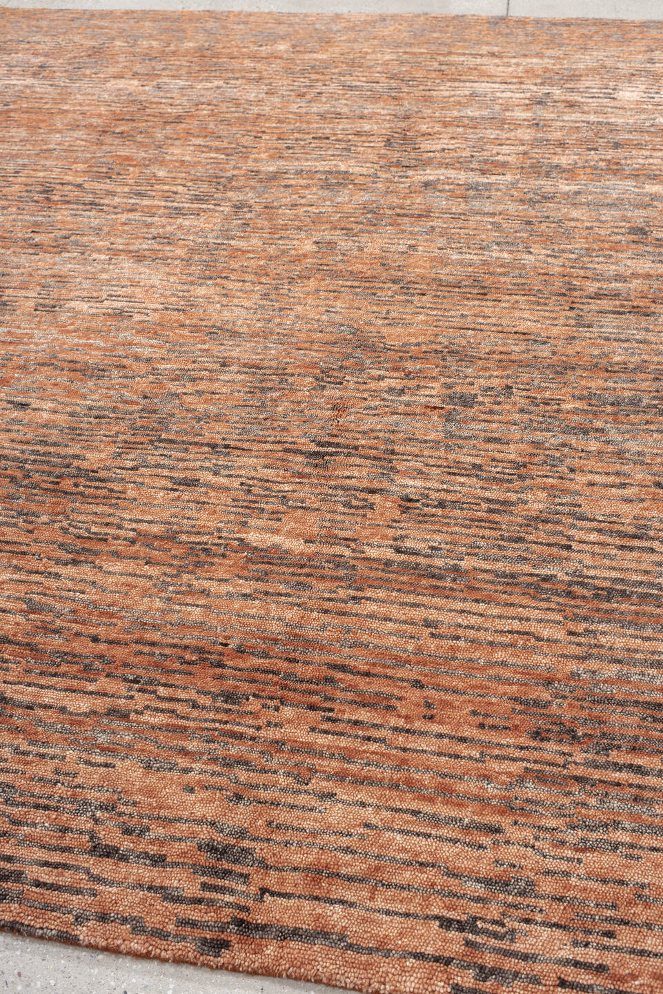 8' x 10' one-of-a-kind handmade vintage Tribeca large size rug. Color palette: terra cotta, charcoal, rose, taupe, camel