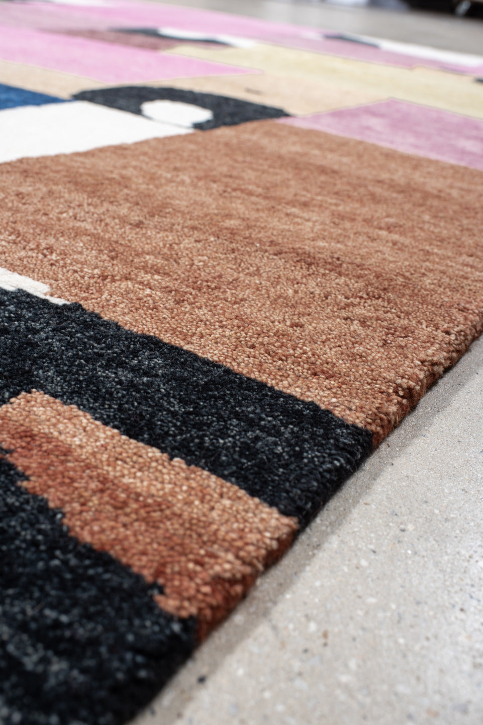 8' x 10' one-of-a-kind handmade vintage Tribeca large size rug. Color palette: pink, ivory, charcoal, sage, mauve, camel