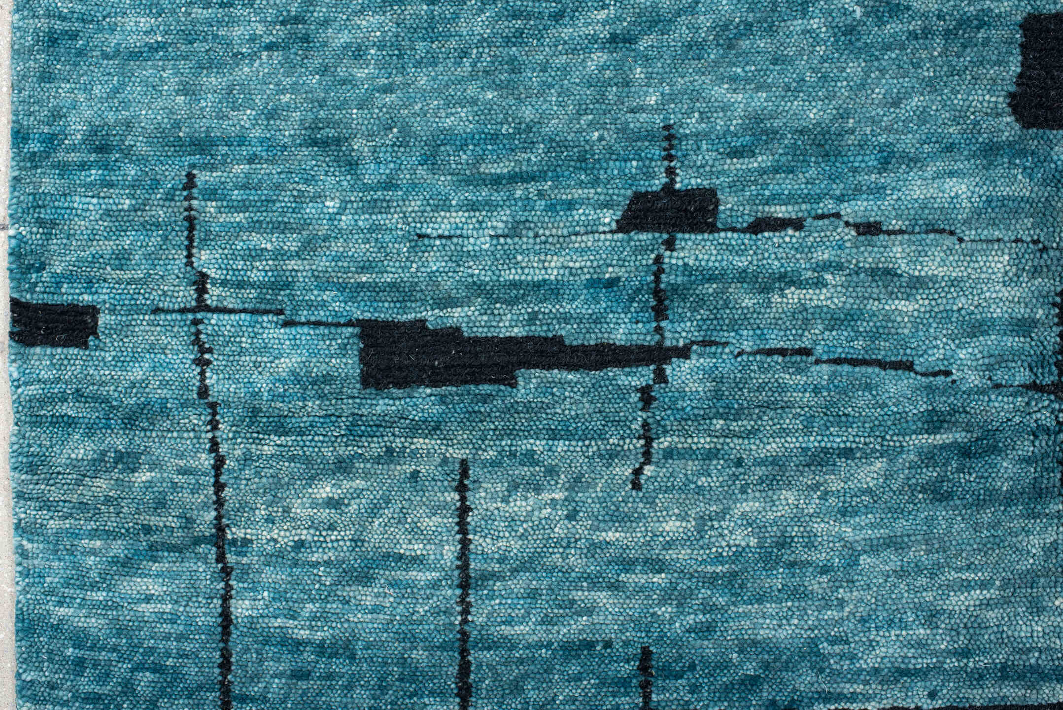 8' x 10' one-of-a-kind handmade vintage Tribeca large size rug. Color palette: teal, charcoal, aqua, gray, black