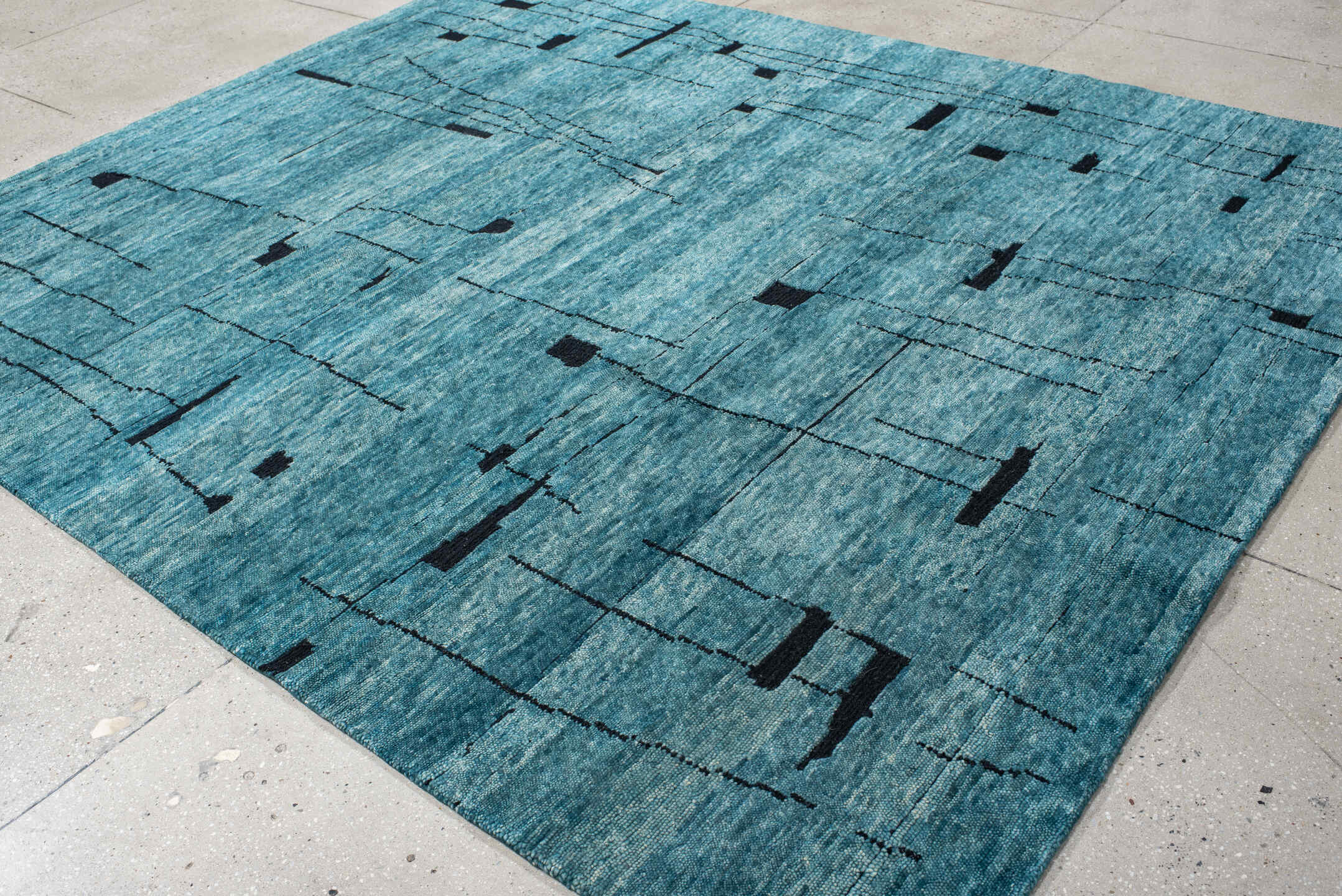 8' x 10' one-of-a-kind handmade vintage Tribeca large size rug. Color palette: teal, charcoal, aqua, gray, black