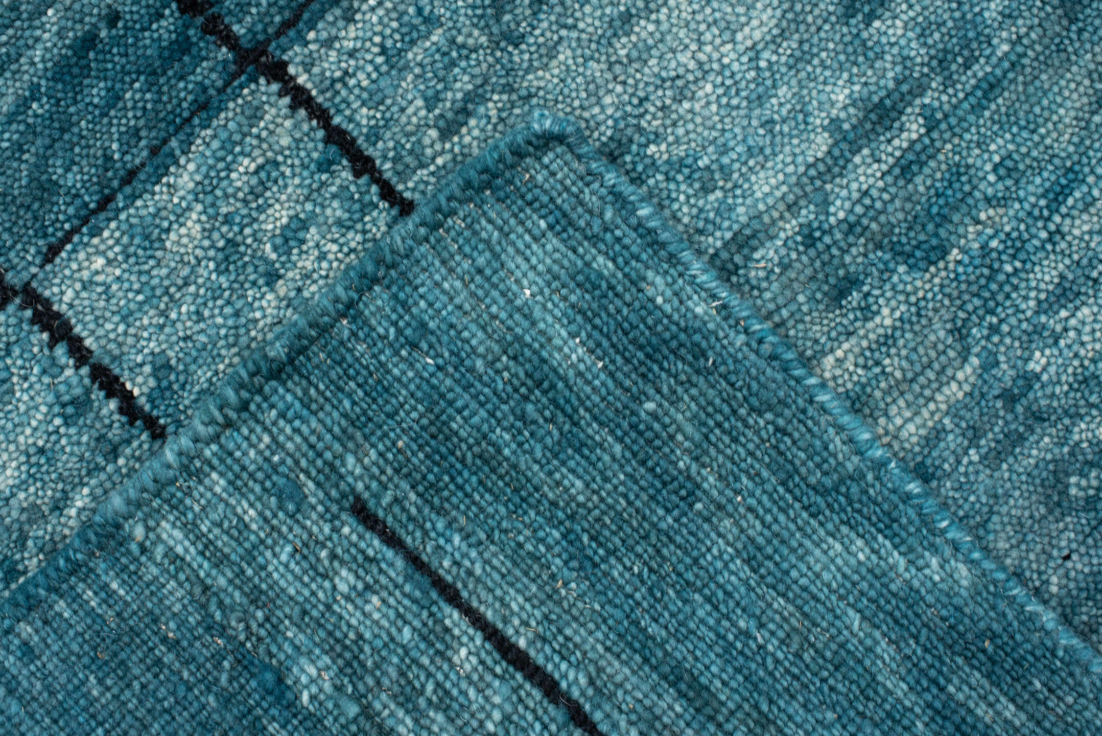 8' x 10' one-of-a-kind handmade vintage Tribeca large size rug. Color palette: teal, charcoal, aqua, gray, black