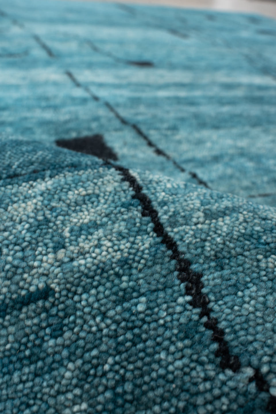 8' x 10' one-of-a-kind handmade vintage Tribeca large size rug. Color palette: teal, charcoal, aqua, gray, black