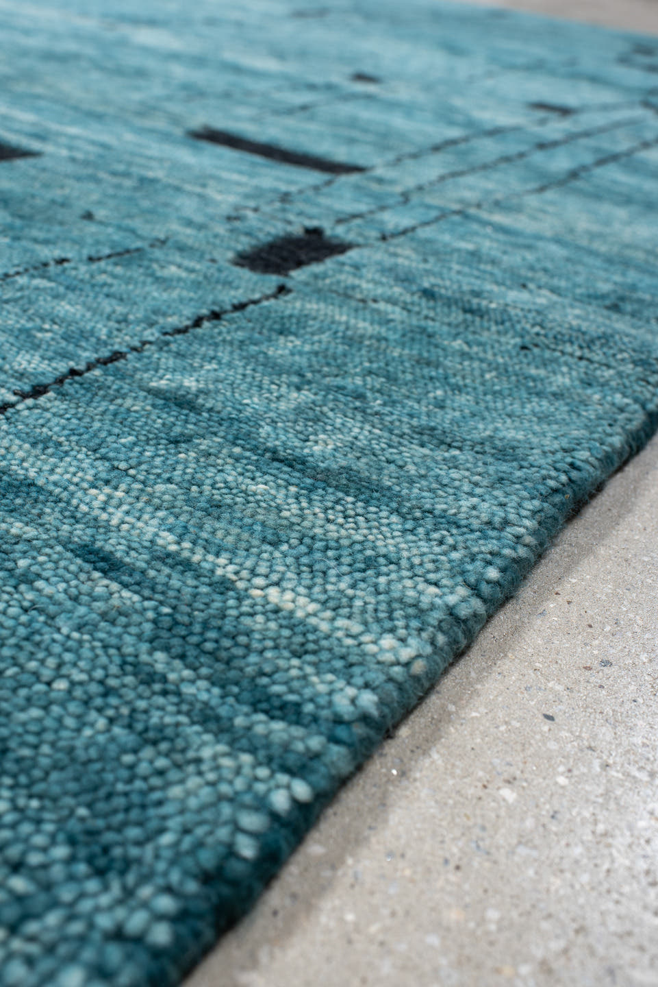 8' x 10' one-of-a-kind handmade vintage Tribeca large size rug. Color palette: teal, charcoal, aqua, gray, black
