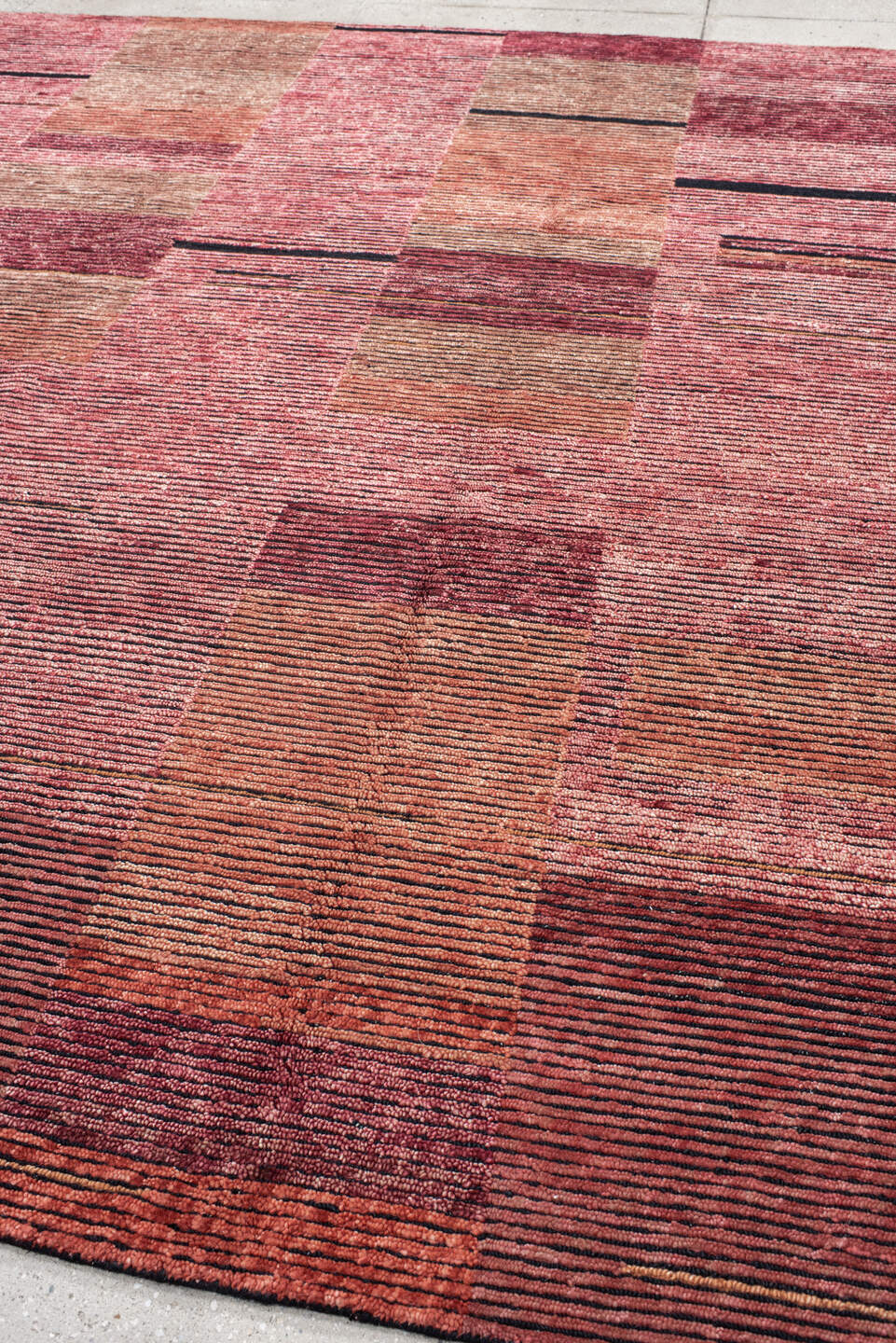8' x 10' one-of-a-kind handmade vintage Tribeca large size rug. Color palette: rose, rust, burgundy, terra cotta, blush