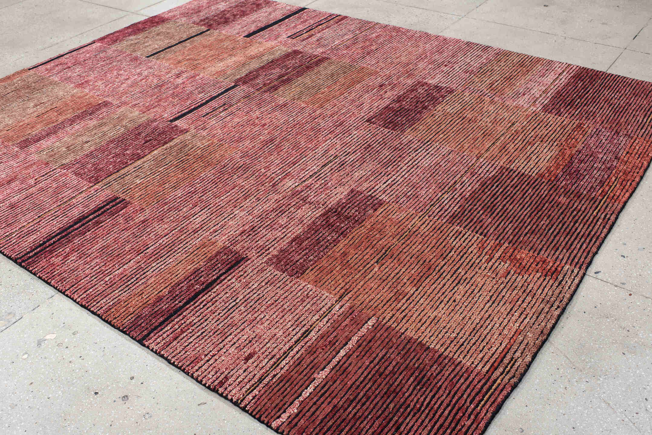 8' x 10' one-of-a-kind handmade vintage Tribeca large size rug. Color palette: rose, rust, burgundy, terra cotta, blush