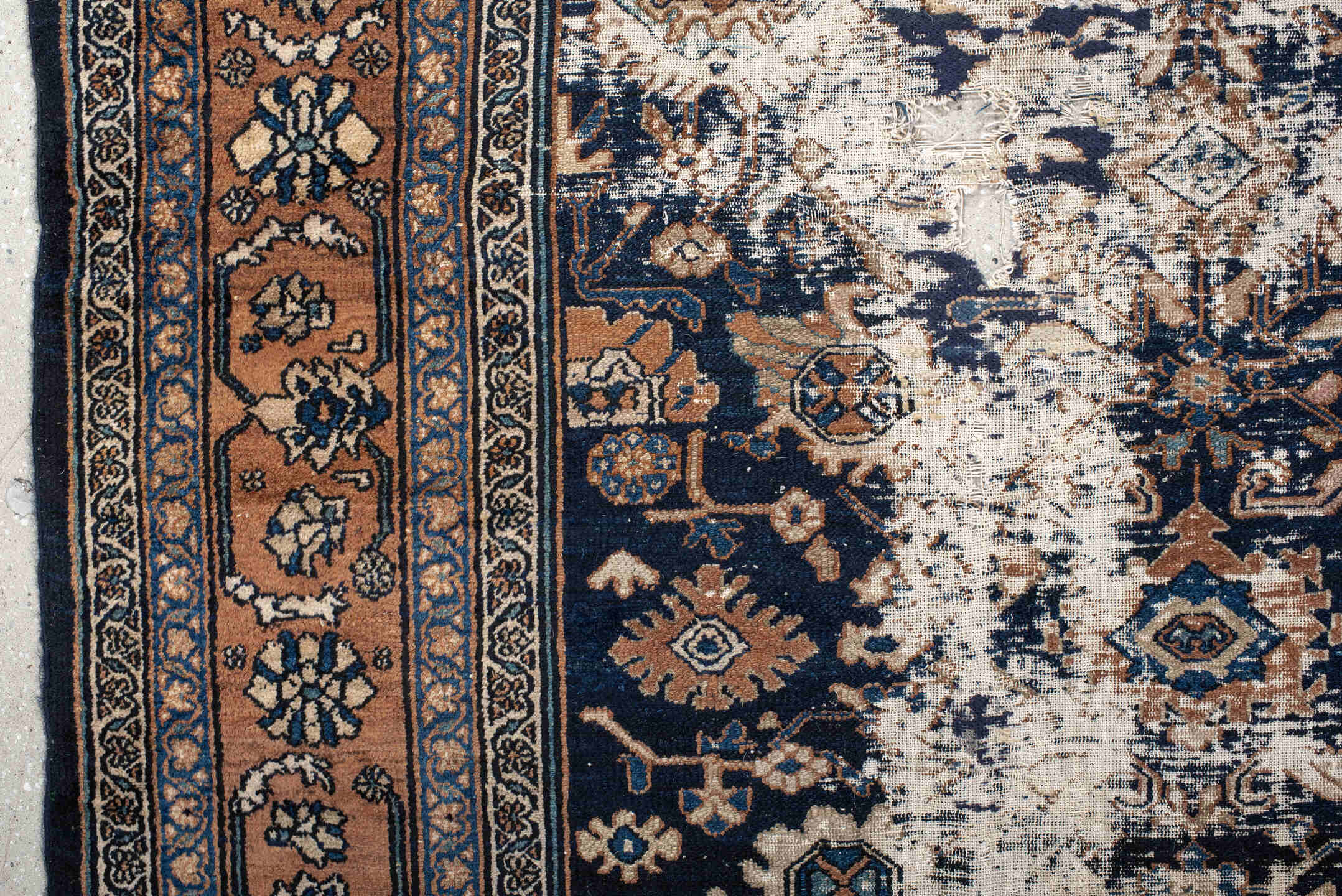 10' x 13' one-of-a-kind handmade vintage Malayer large size rug. Color palette: navy, terracotta, ivory, camel, sky blue