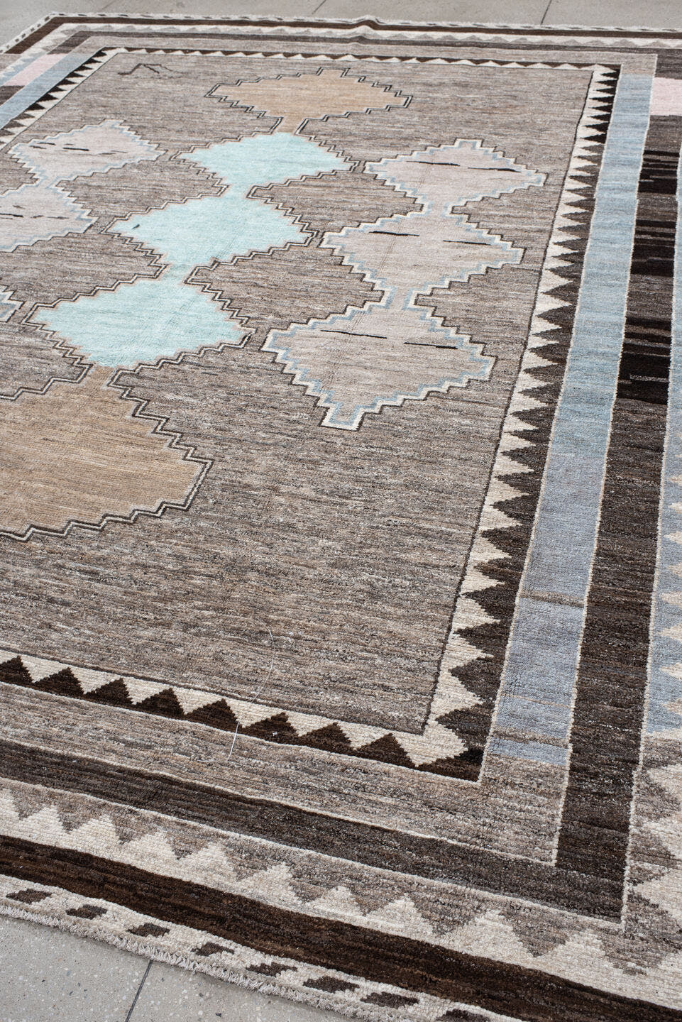 9' x 11' one-of-a-kind handmade vintage Kars large size rug. Color palette: taupe, gray, ivory, charcoal, pale aqua, beige
