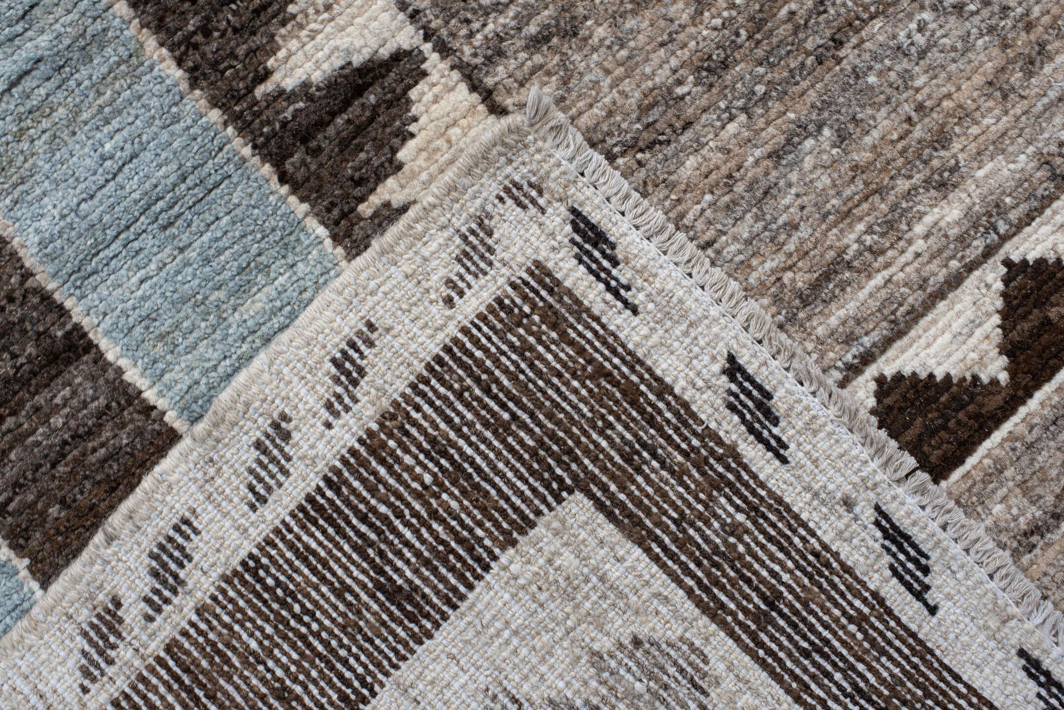 9' x 11' one-of-a-kind handmade vintage Kars large size rug. Color palette: taupe, gray, ivory, charcoal, pale aqua, beige
