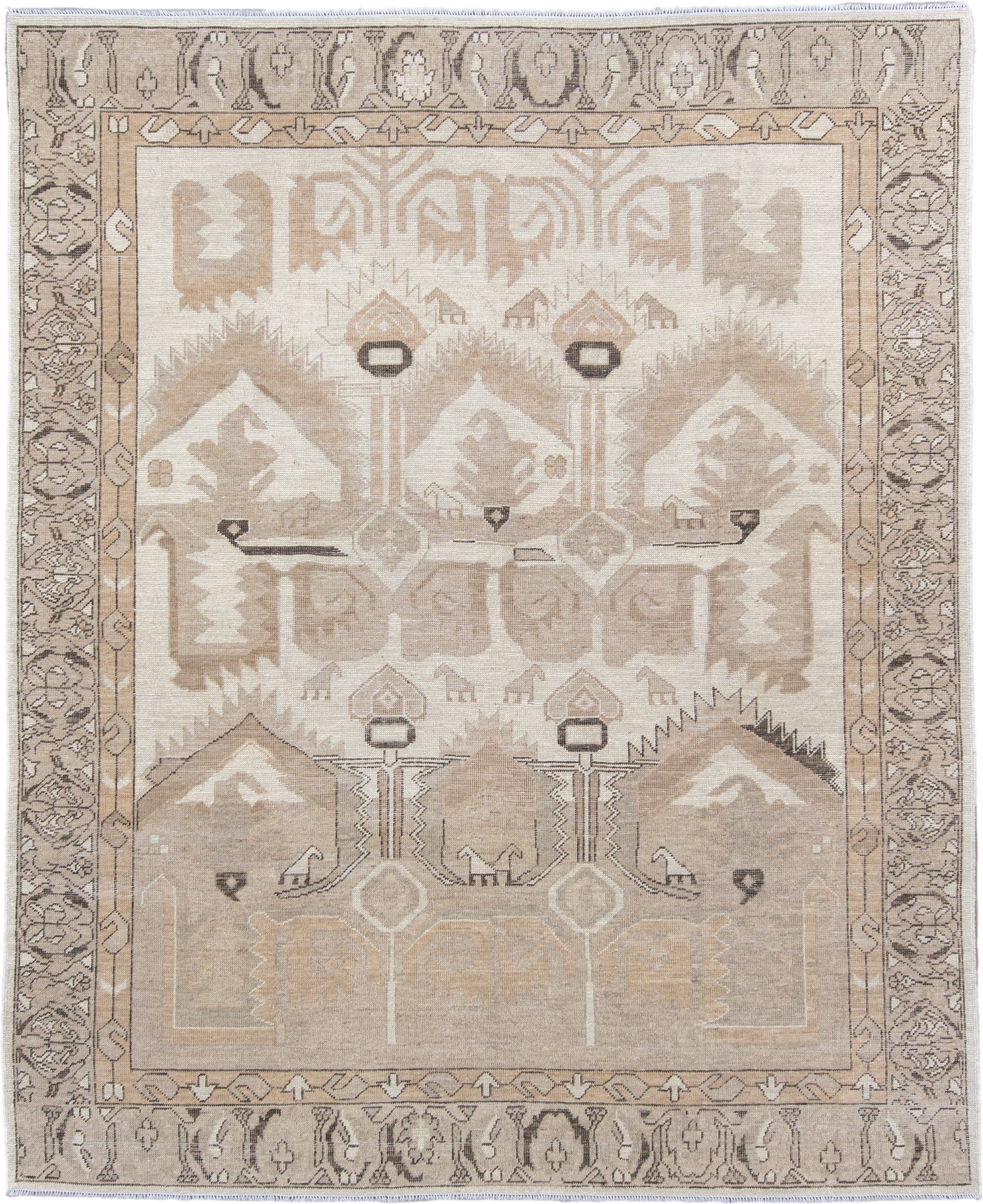 8' x 10' one-of-a-kind handmade vintage Kars large size rug. Color palette: ivory, taupe, beige, camel, charcoal, gray